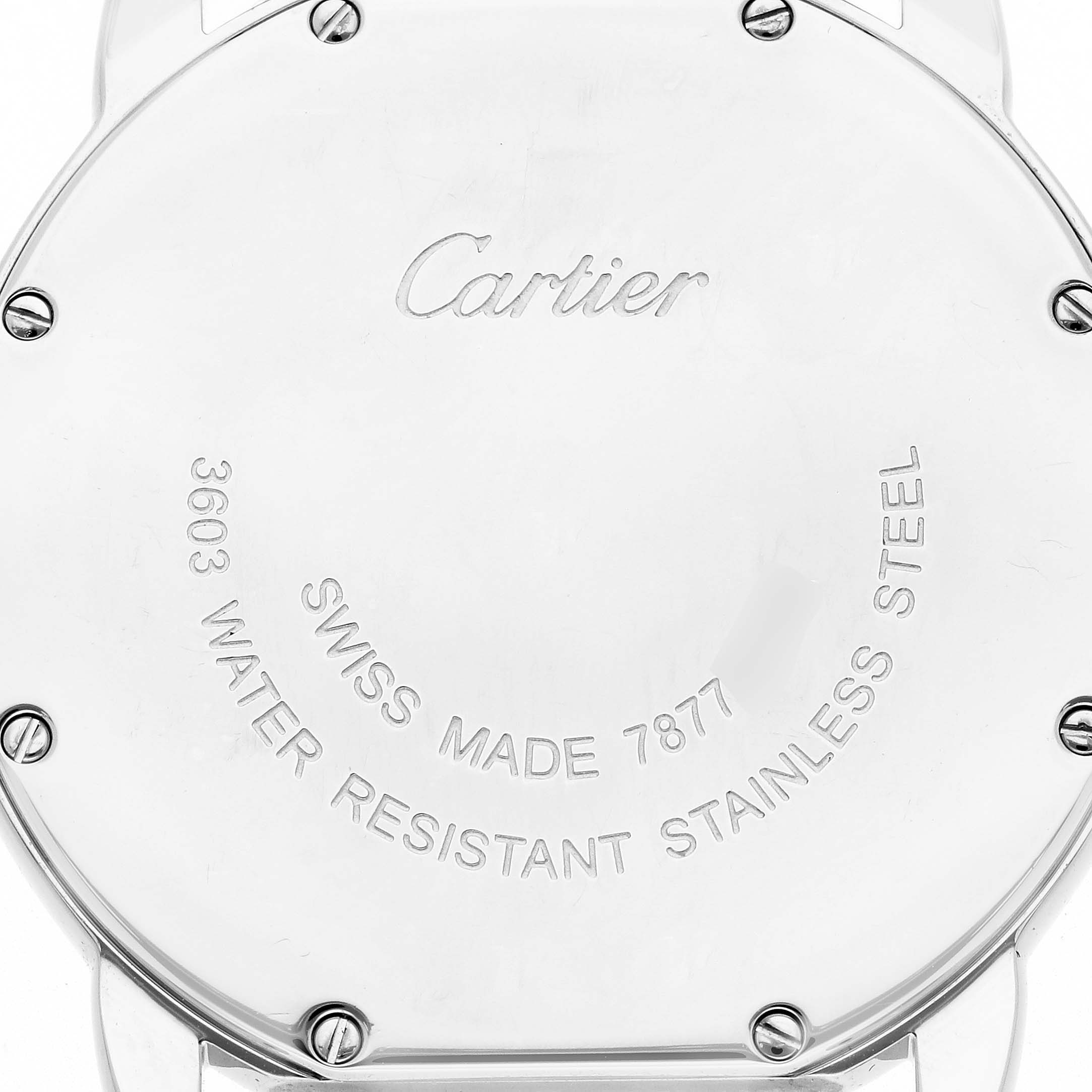 The image shows the back of the Cartier Ronde W6701005 Men's Stainless Steel Silver Dial W6701005 Men's Stainless Steel Silver Dial watch, displaying its branding and specifications.