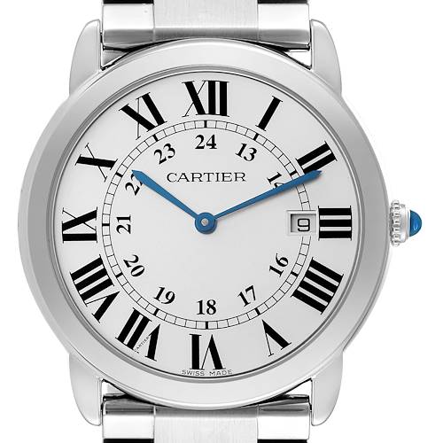 The Cartier Ronde watch is shown from the front, displaying its face, Roman numerals, blue hands, and date window.