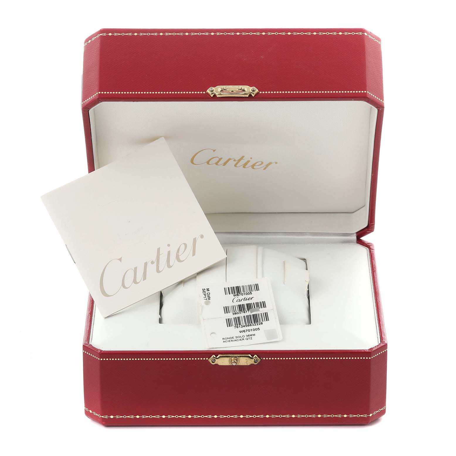 The image shows a red Cartier box for the Ronde model with papers and a tag, angled to display the interior.
