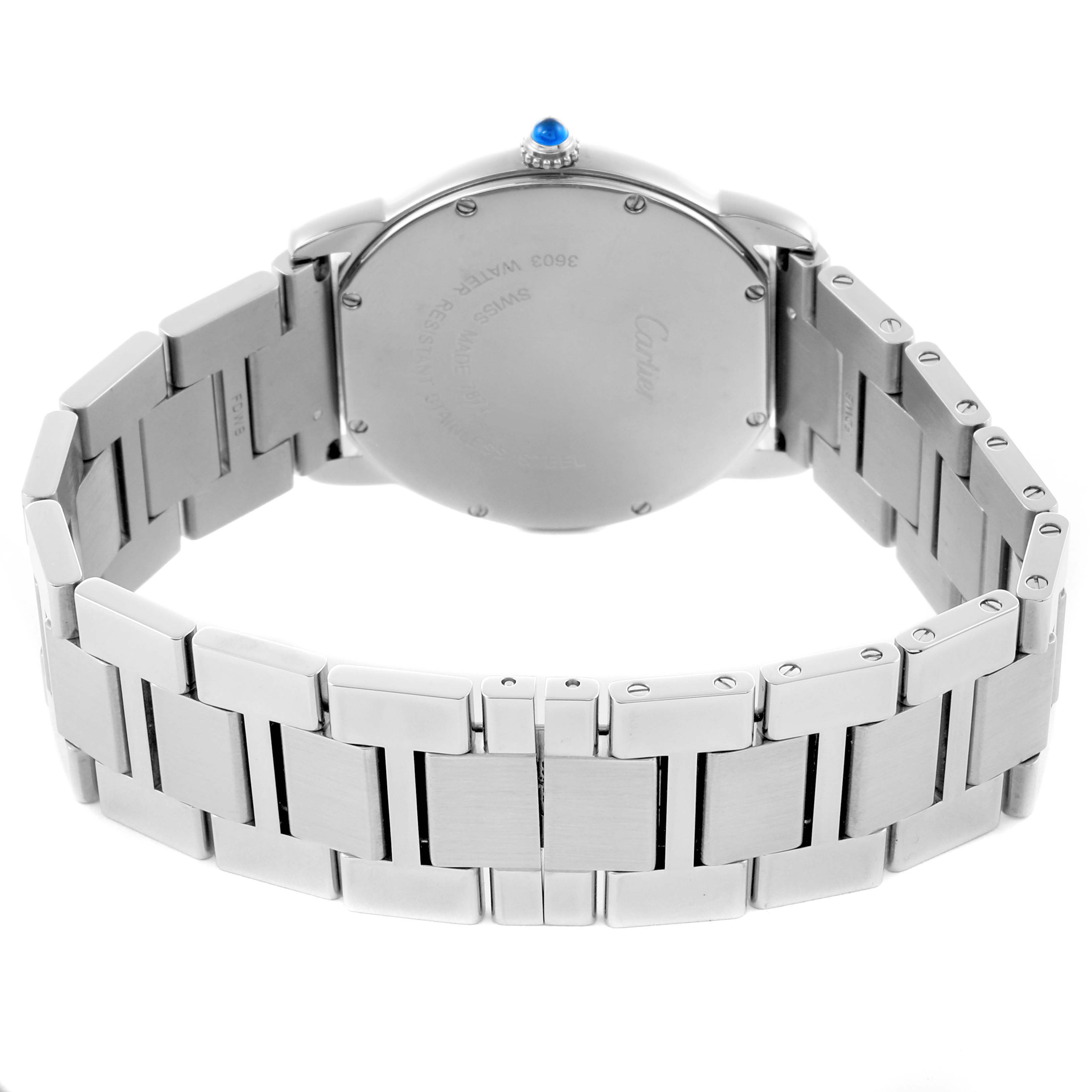 The image shows the back of the Cartier Ronde W6701005 Men's Stainless Steel Silver Dial W6701005 Men's Stainless Steel Silver Dial watch and its metal bracelet, highlighting the clasp and case back.