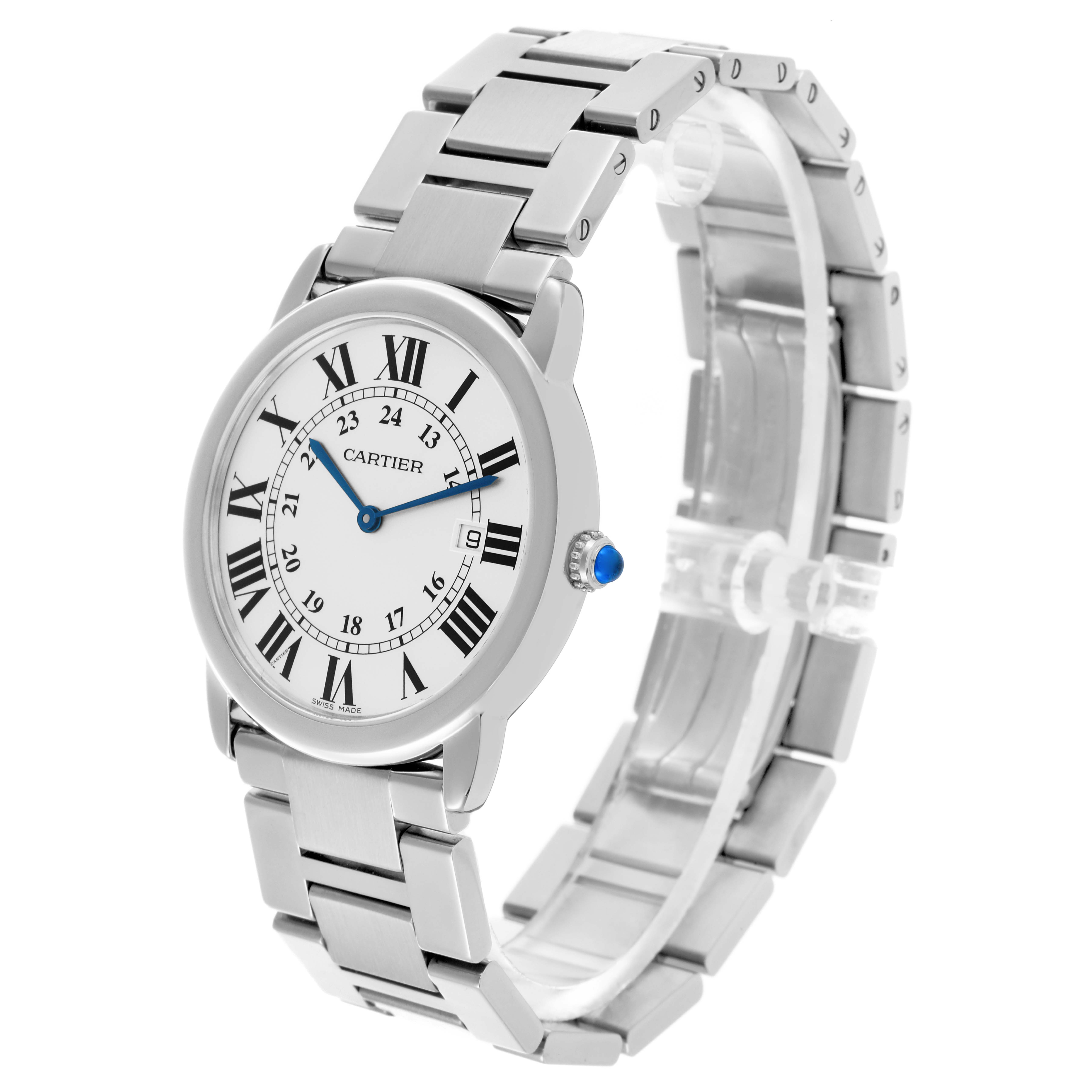 The Cartier Ronde W6701005 Men's Stainless Steel Silver Dial W6701005 Men's Stainless Steel Silver Dial watch is shown at a three-quarter angle, displaying the face, bracelet, and crown.