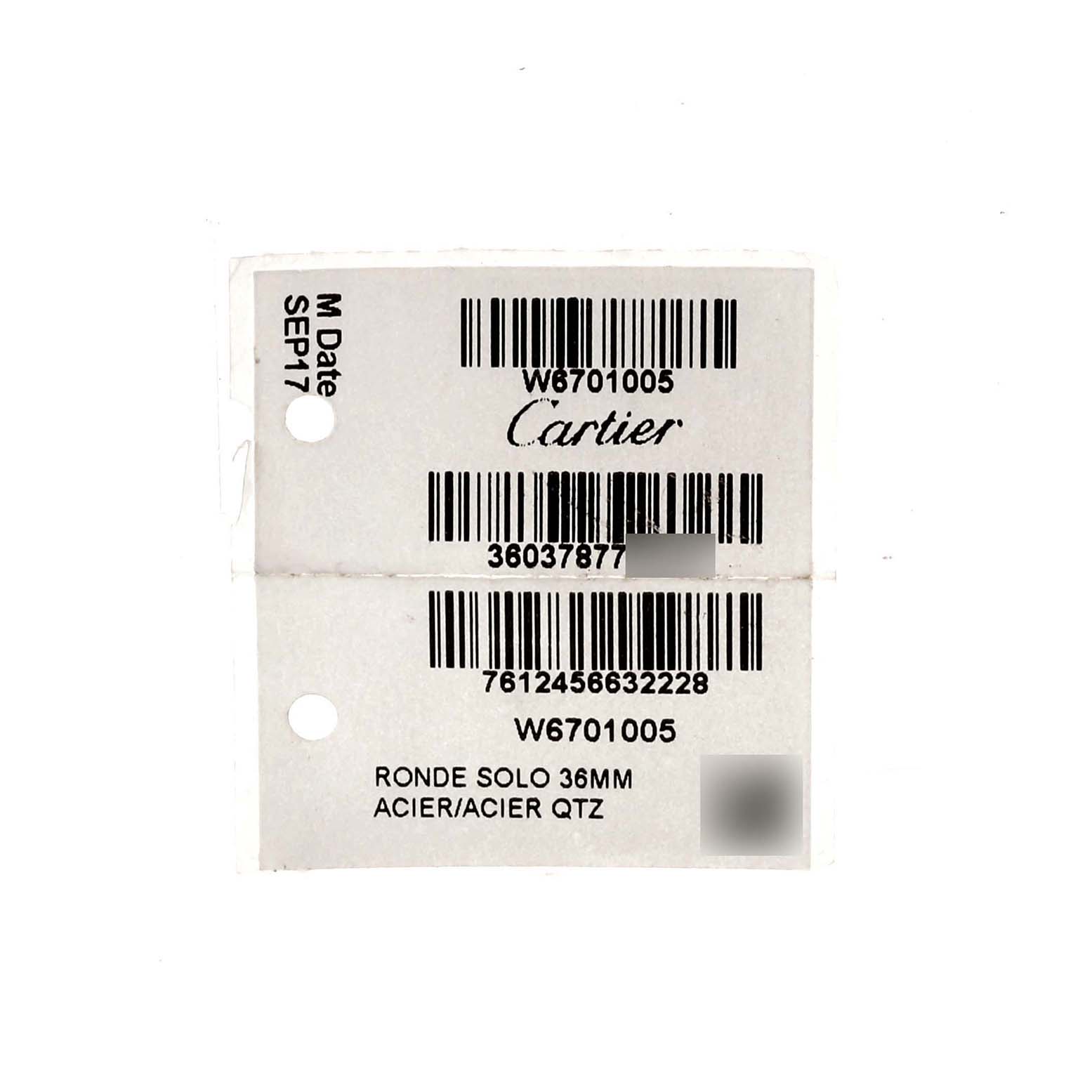 The image shows a tag for the Cartier Ronde W6701005 Men's Stainless Steel Silver Dial W6701005 Men's Stainless Steel Silver Dial Solo watch, displaying model numbers and specifications.