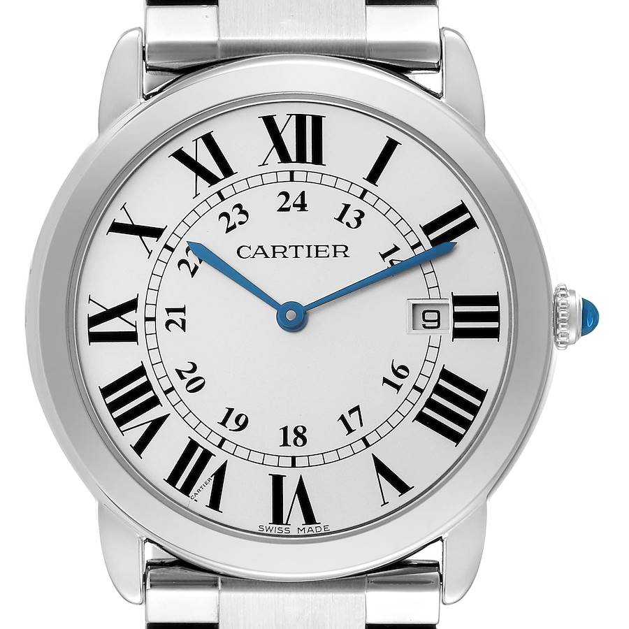 The Cartier Ronde watch is shown from a front angle, displaying the dial, hands, Roman numerals, and a part of the metal bracelet.