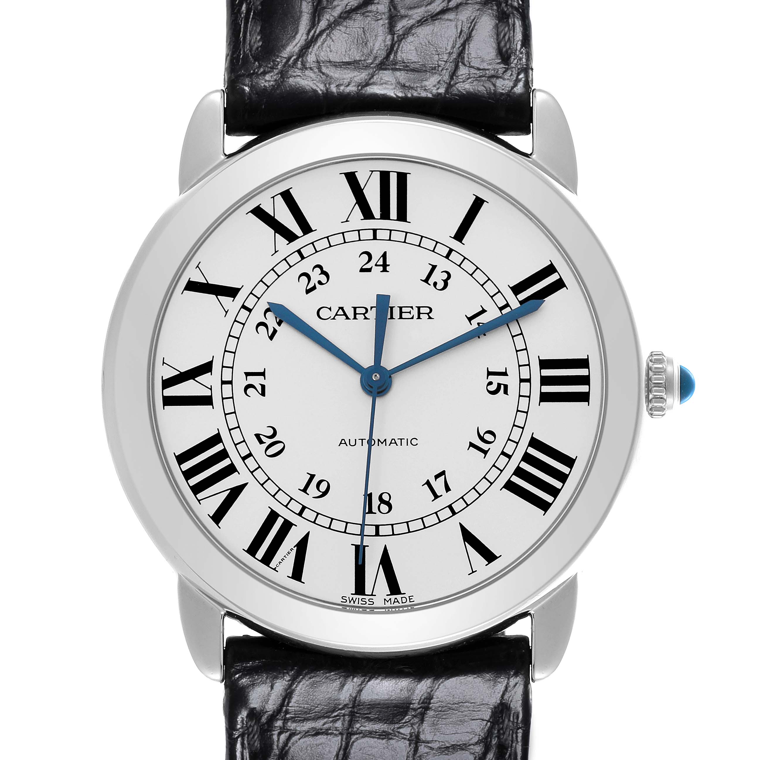 The Cartier Ronde WSRN0013 Men's Stainless Steel Silver Dial WSRN0013 Men's Stainless Steel Silver Dial watch is shown from a front angle, displaying its white dial, Roman numerals, and black leather strap.