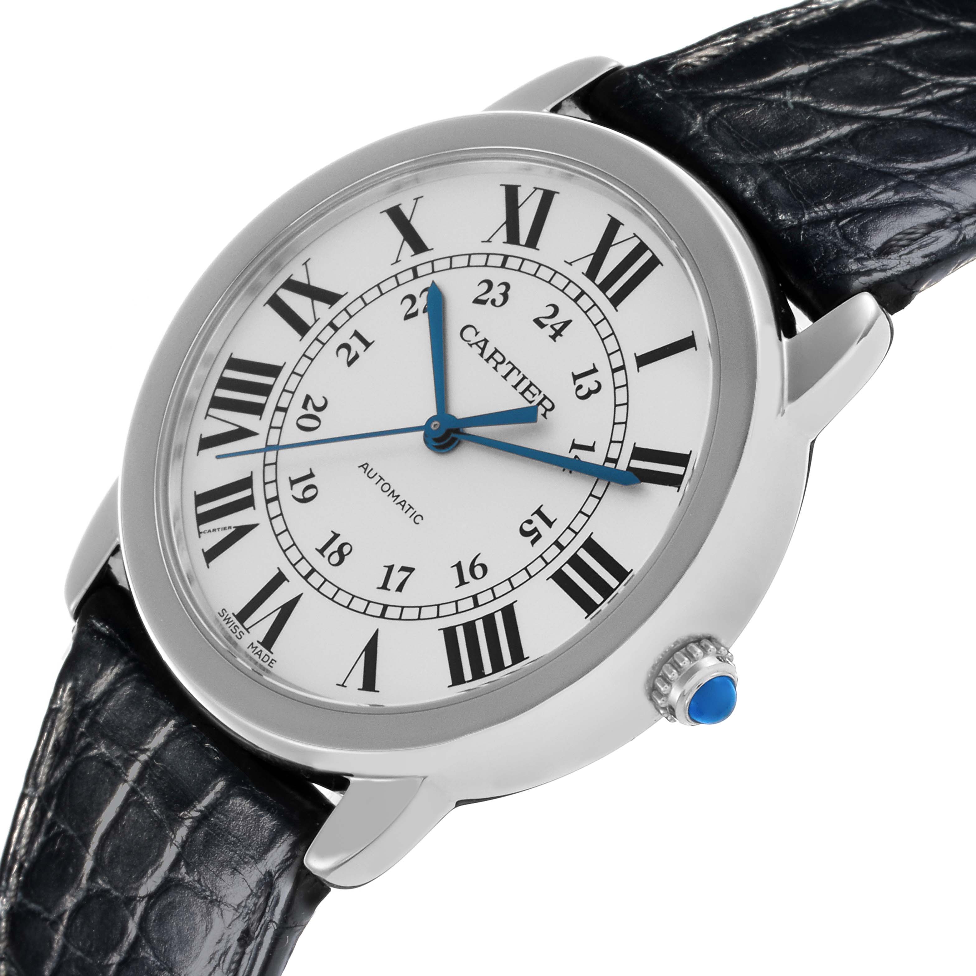 The Cartier Ronde WSRN0013 Men's Stainless Steel Silver Dial WSRN0013 Men's Stainless Steel Silver Dial watch is shown from a slight angle, displaying the face, bezel, crown, and part of the strap.