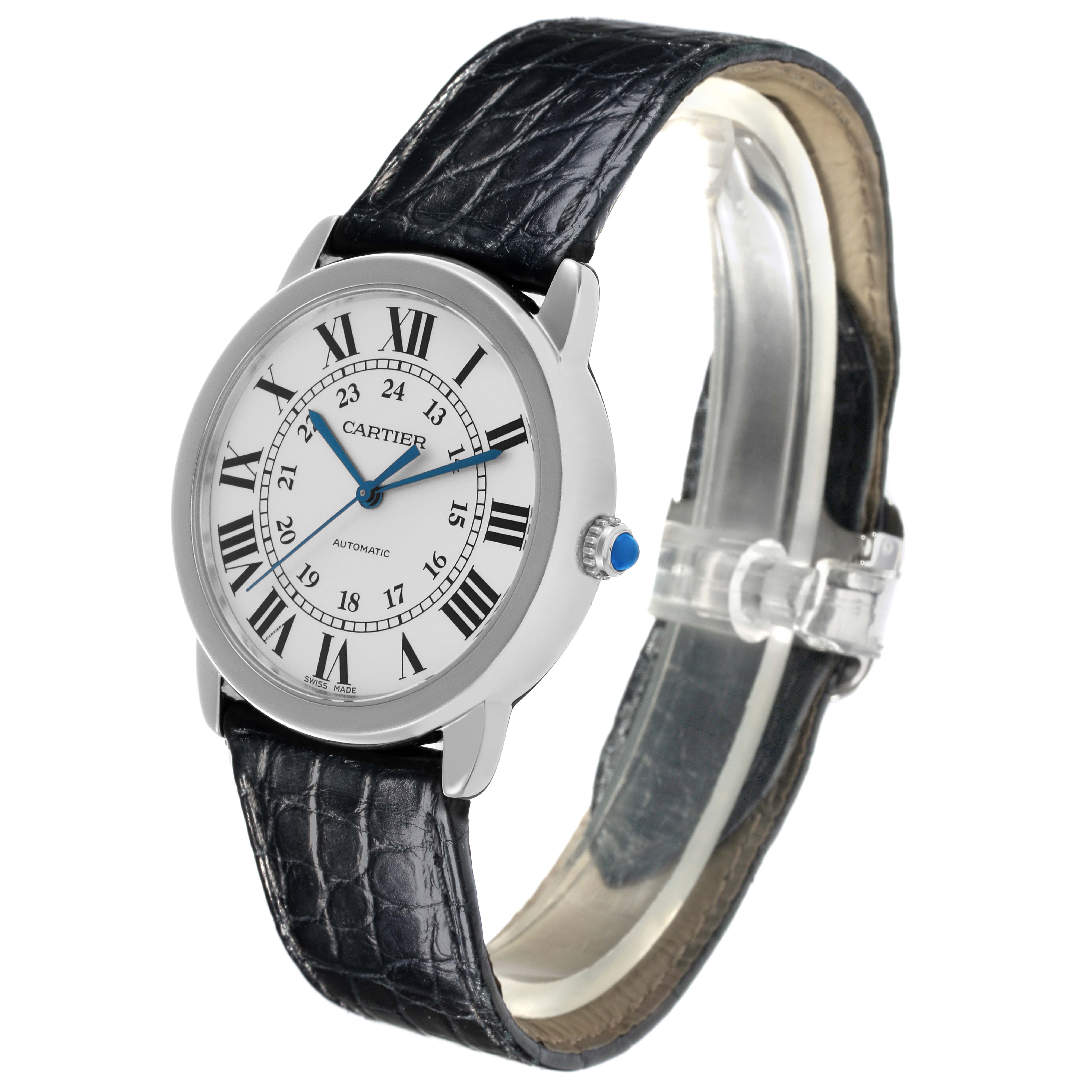 The Cartier Ronde WSRN0013 Men's Stainless Steel Silver Dial WSRN0013 Men's Stainless Steel Silver Dial watch is shown from a side angle highlighting the dial, case, and leather strap.