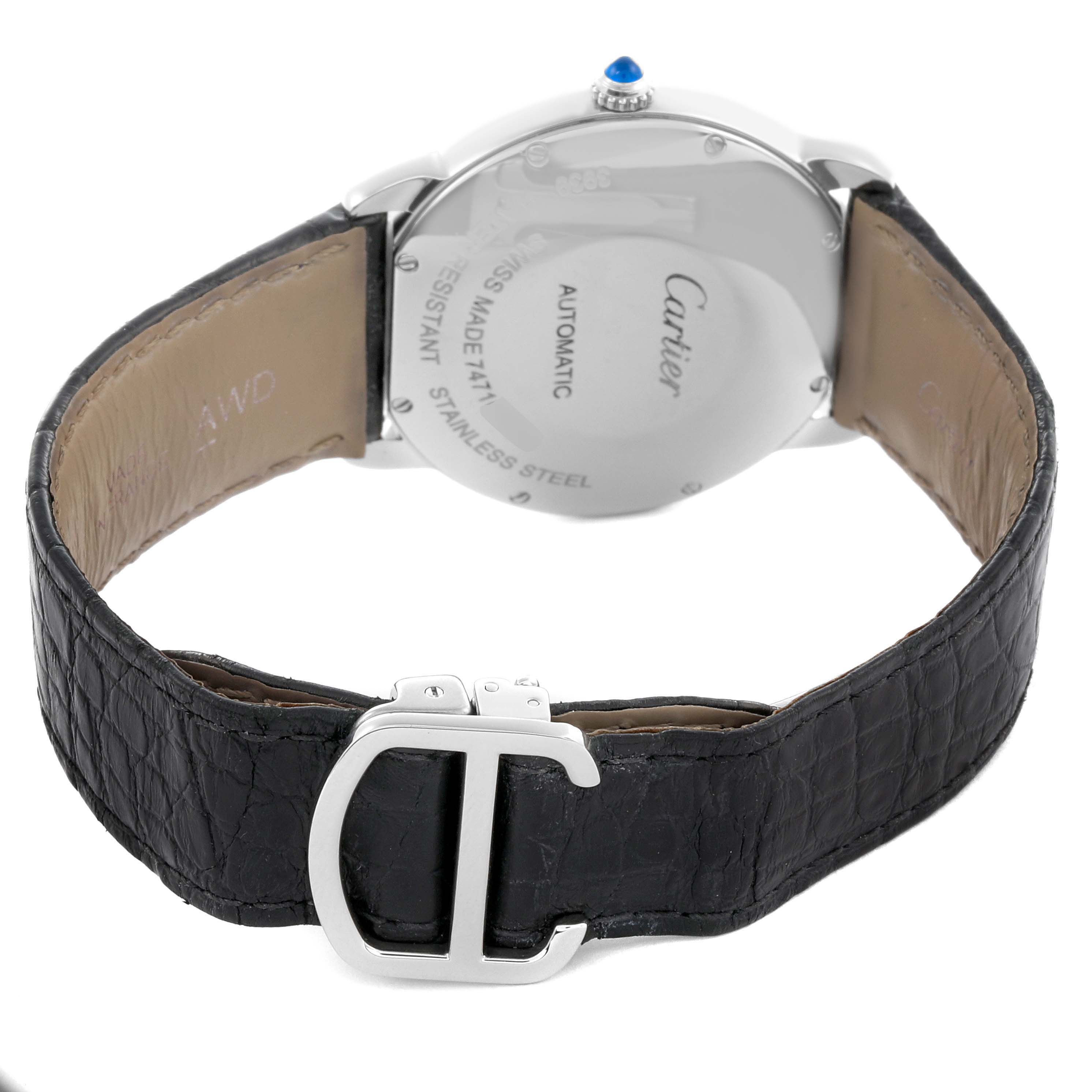 The image shows the back of the Cartier Ronde WSRN0013 Men's Stainless Steel Silver Dial WSRN0013 Men's Stainless Steel Silver Dial watch, highlighting the case back, leather strap, and clasp.