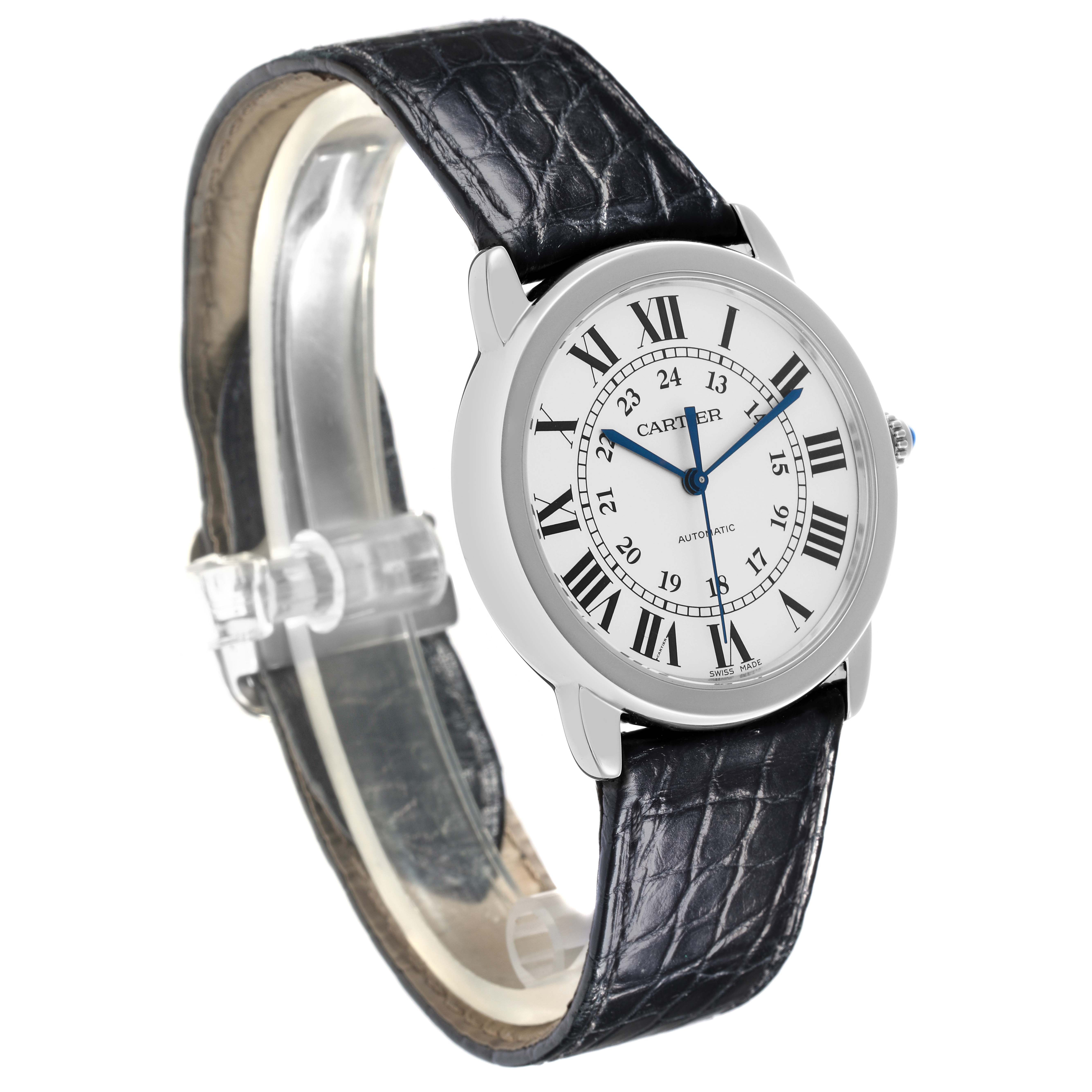The Cartier Ronde WSRN0013 Men's Stainless Steel Silver Dial WSRN0013 Men's Stainless Steel Silver Dial watch is shown at a three-quarter angle, displaying the dial, case, and leather strap.