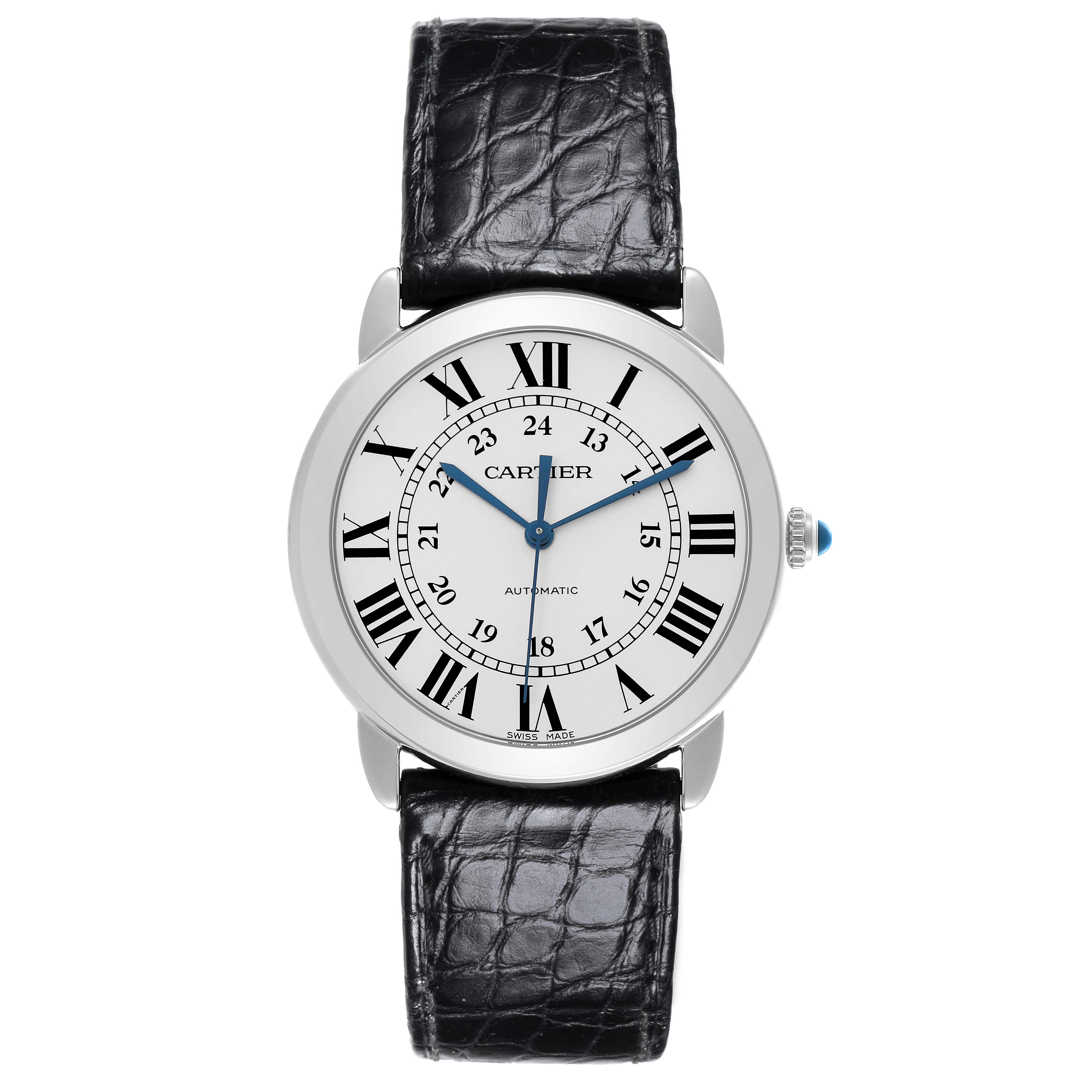 The Cartier Ronde WSRN0013 Men's Stainless Steel Silver Dial WSRN0013 Men's Stainless Steel Silver Dial watch is shown from a front angle, displaying its face, Roman numerals, and black leather strap.