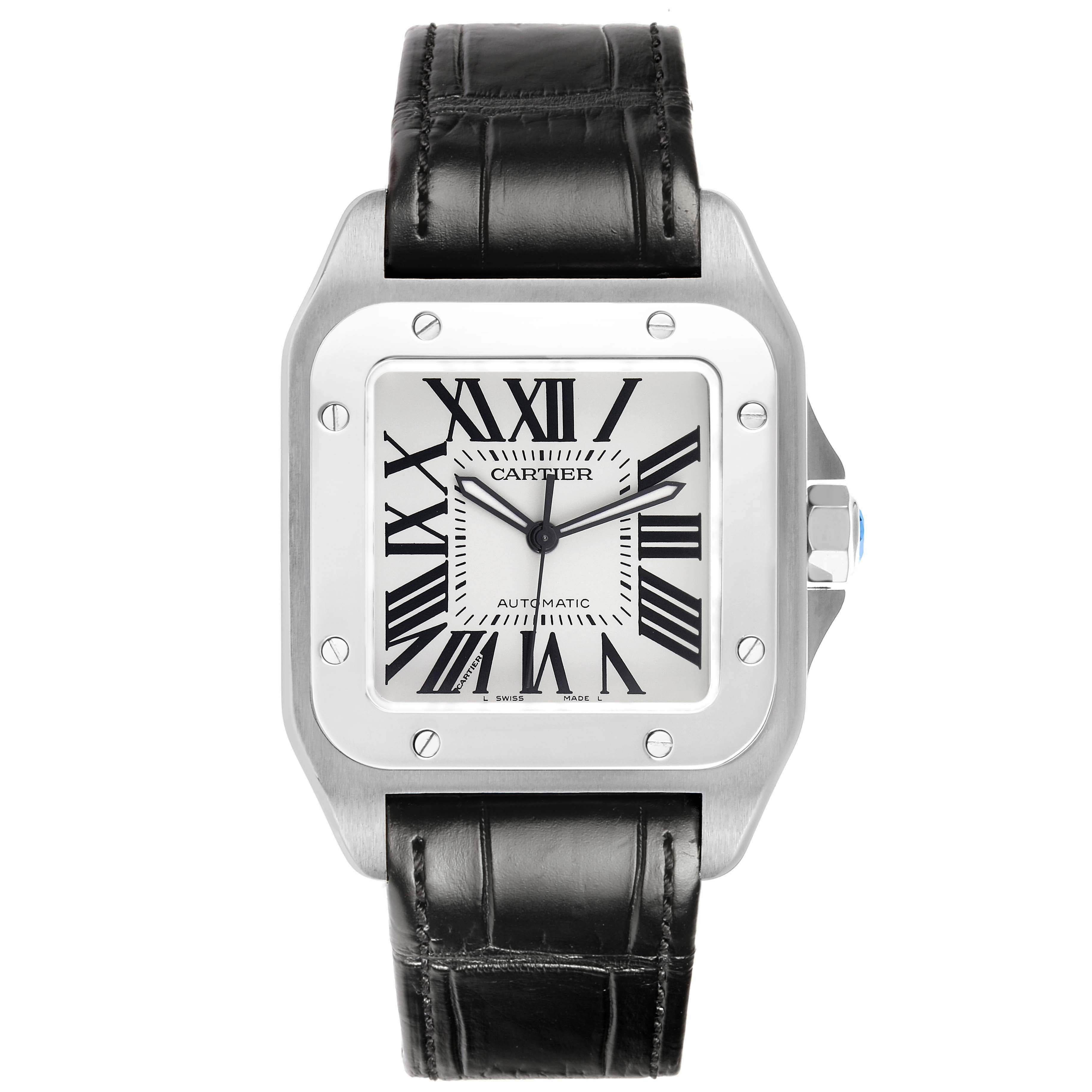 The image shows a frontal view of the Cartier Santos W20073X8 Men's Stainless Steel Silver Dial watch, highlighting its square face, Roman numerals, and leather strap.