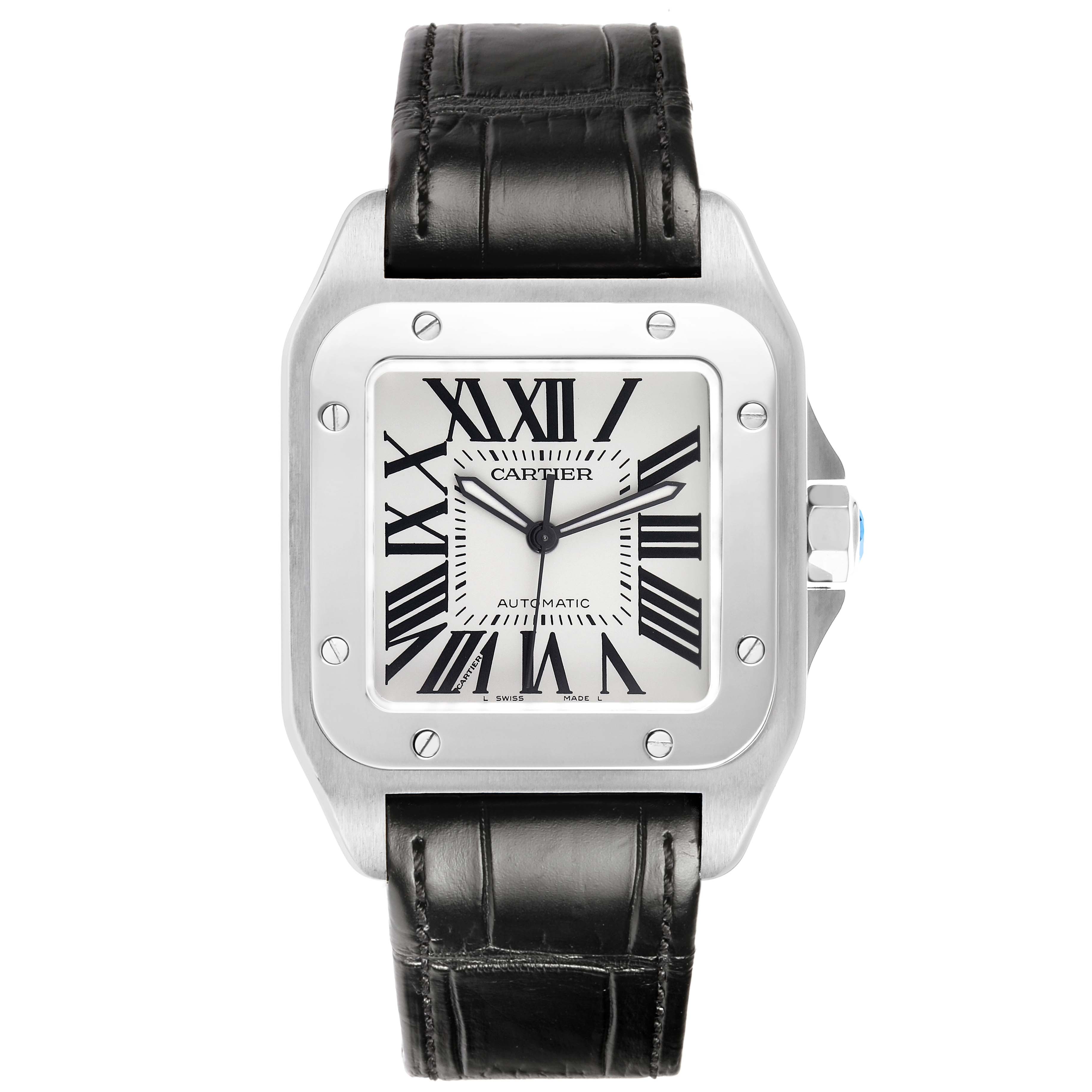 The Cartier Santos W20073X8 Men's Stainless Steel Silver Dial watch is shown from a front angle, highlighting its face, bezel, and strap.