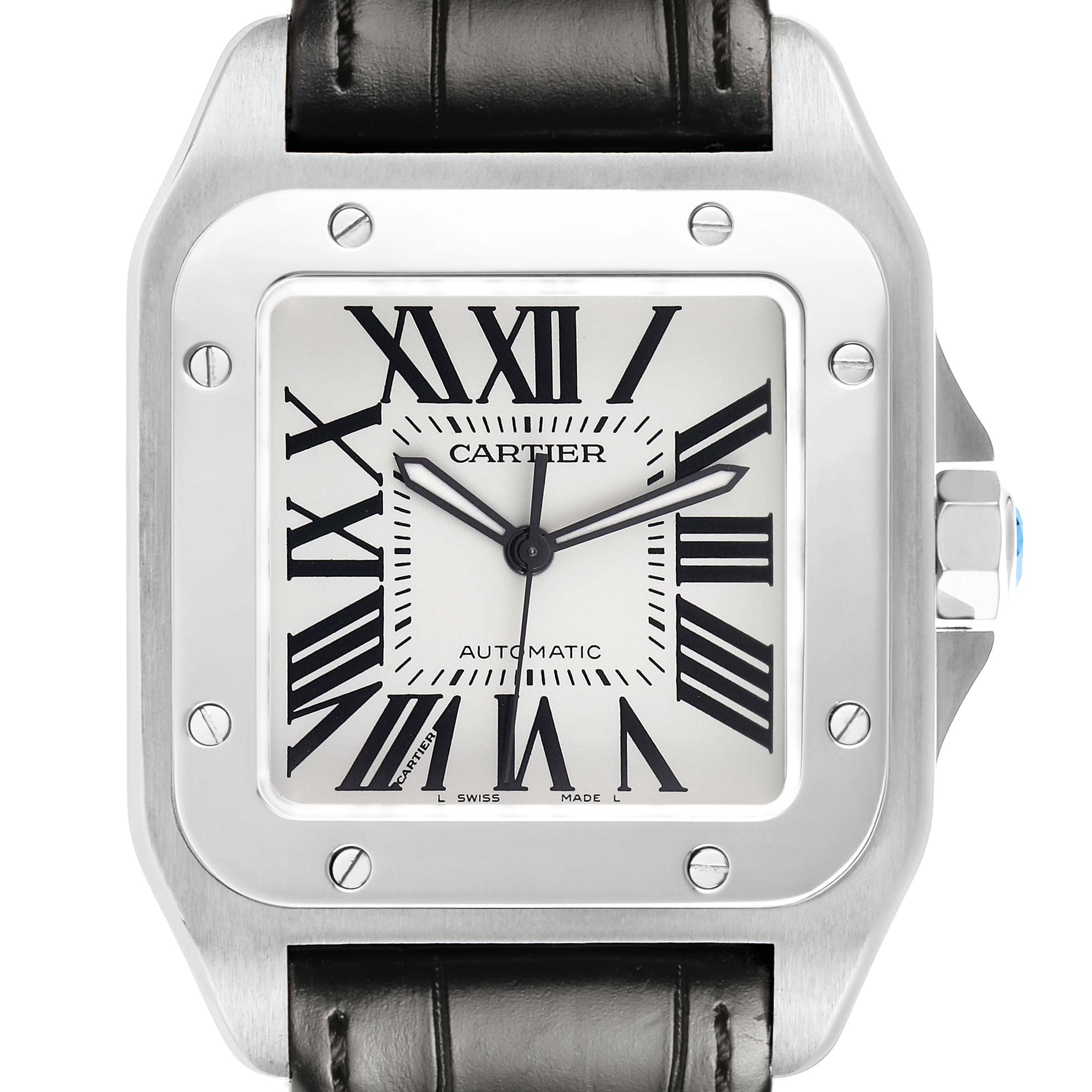 The Cartier Santos W20073X8 Men's Stainless Steel Silver Dial watch is shown from the front, displaying its face, bezel, and part of the leather strap.
