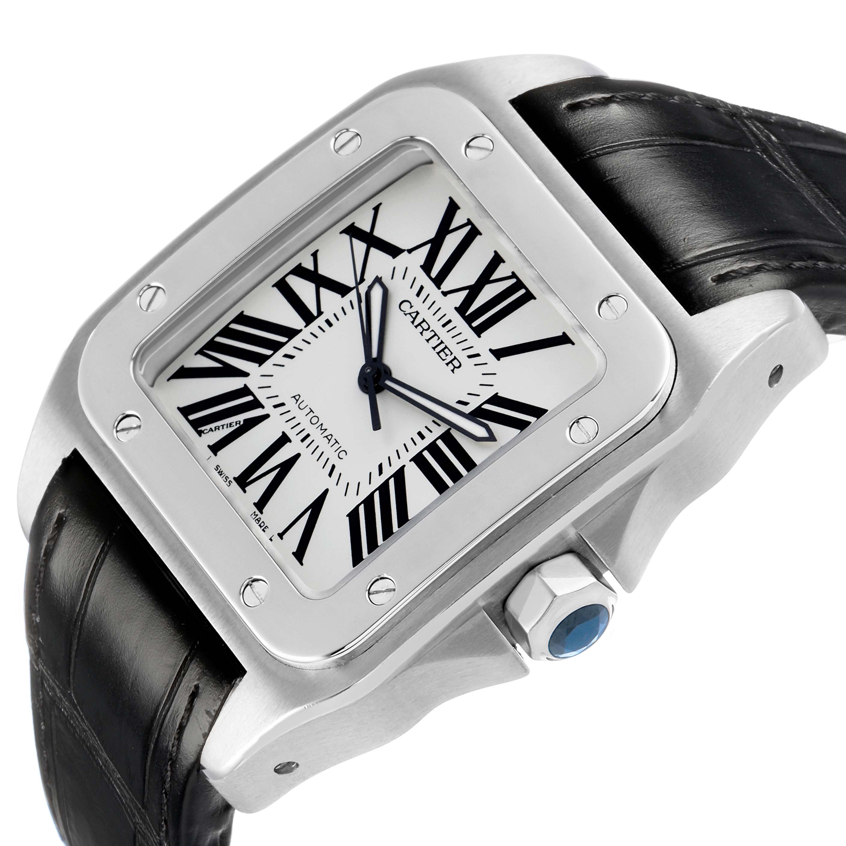 The Cartier Santos W20073X8 Men's Stainless Steel Silver Dial watch is shown at an angled view with its face, bezel, crown, and strap visible.