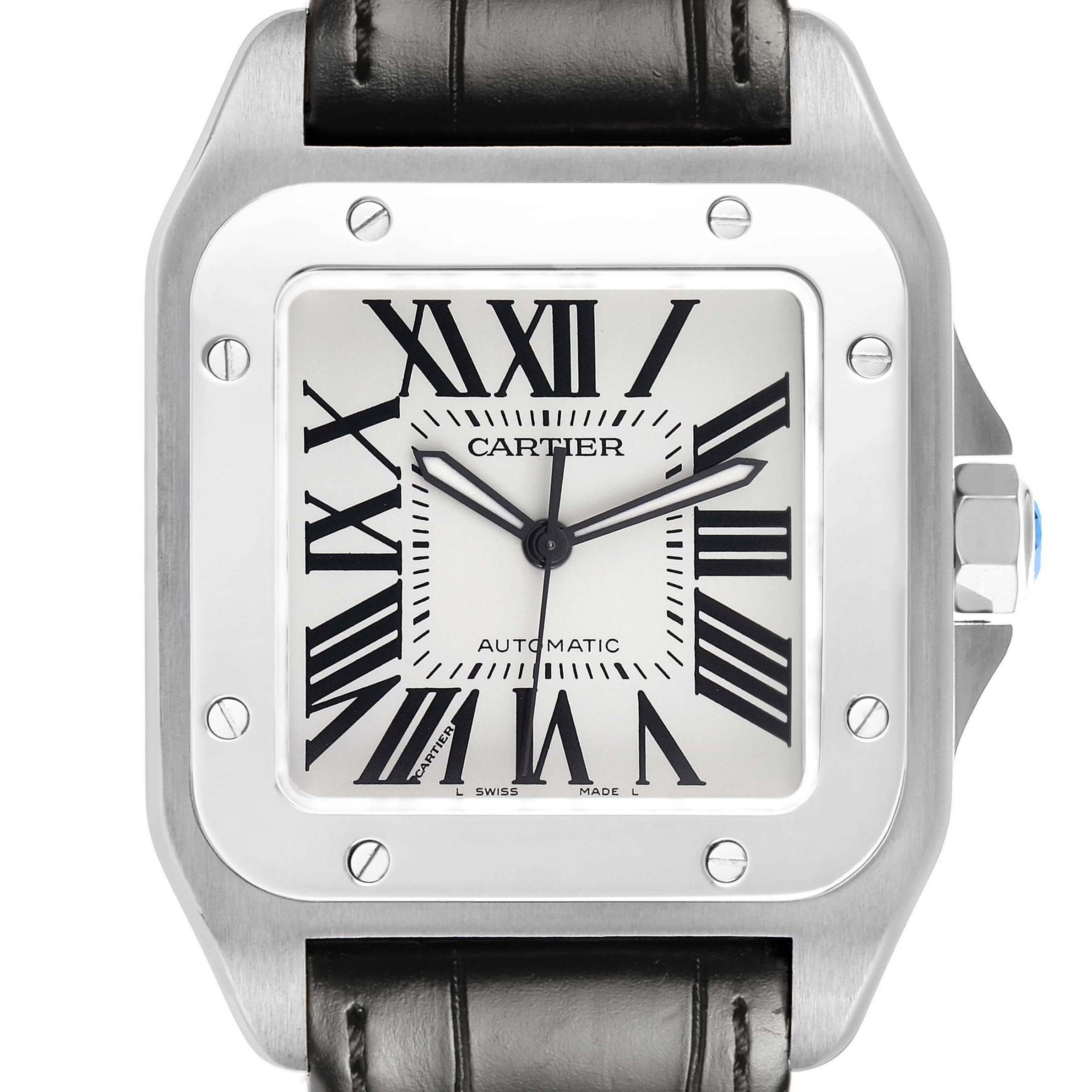 The Cartier Santos W20073X8 Men's Stainless Steel Silver Dial watch is shown from a front view, highlighting its square face, Roman numerals, and metal bezel with screws.