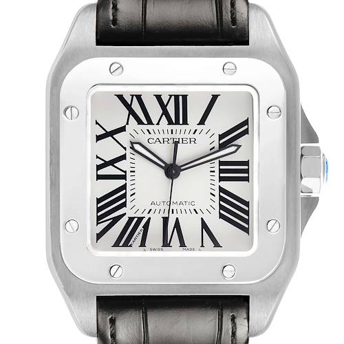 The Cartier Santos W20073X8 Men's Stainless Steel Silver Dial watch is shown from the front, highlighting its dial, bezel, and strap.