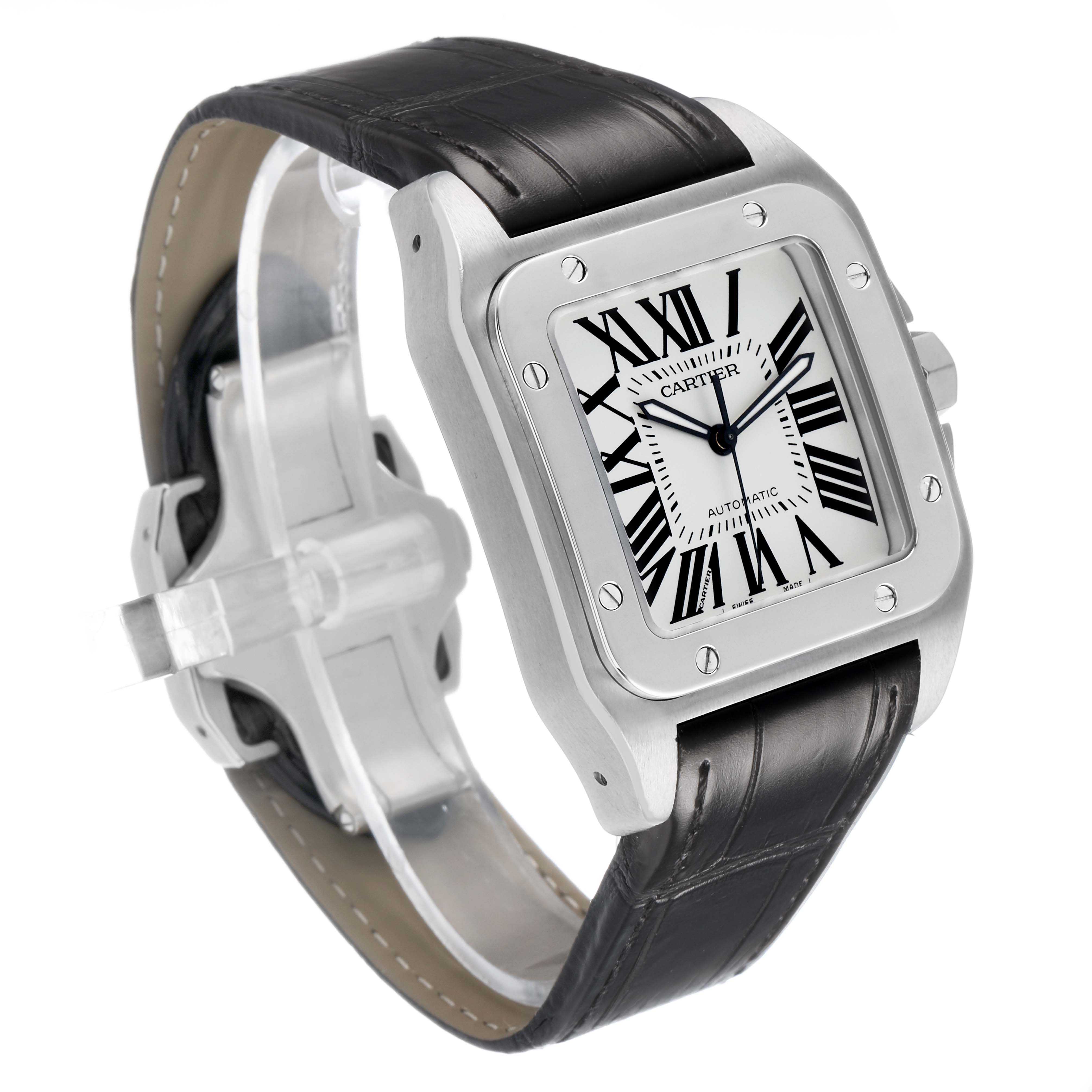 The Cartier Santos W20073X8 Men's Stainless Steel Silver Dial watch is shown at a three-quarter angle, highlighting the face, bezel, and leather strap.