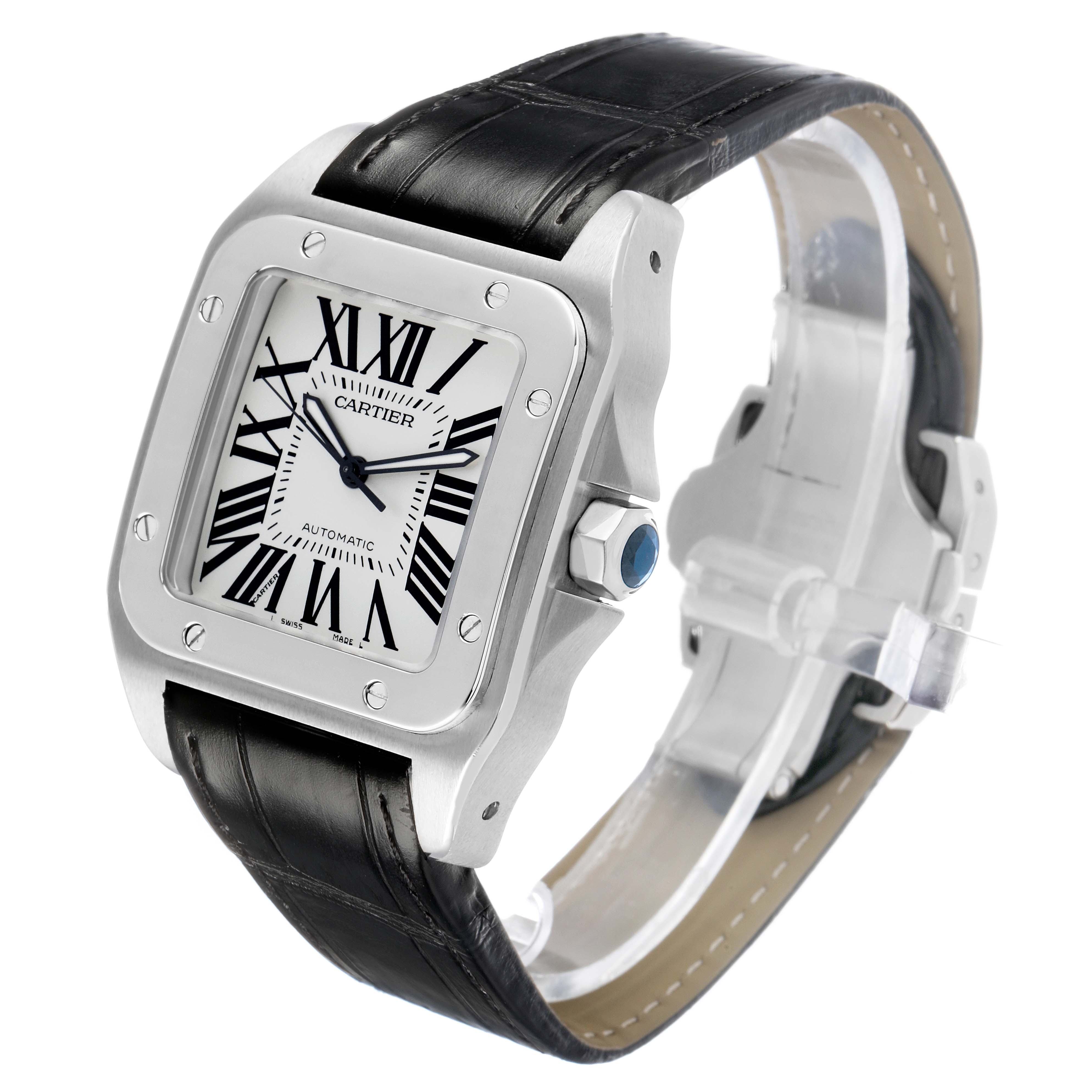 The Cartier Santos W20073X8 Men's Stainless Steel Silver Dial watch is shown at a three-quarter angle, highlighting its face, bezel, crown, and leather strap.