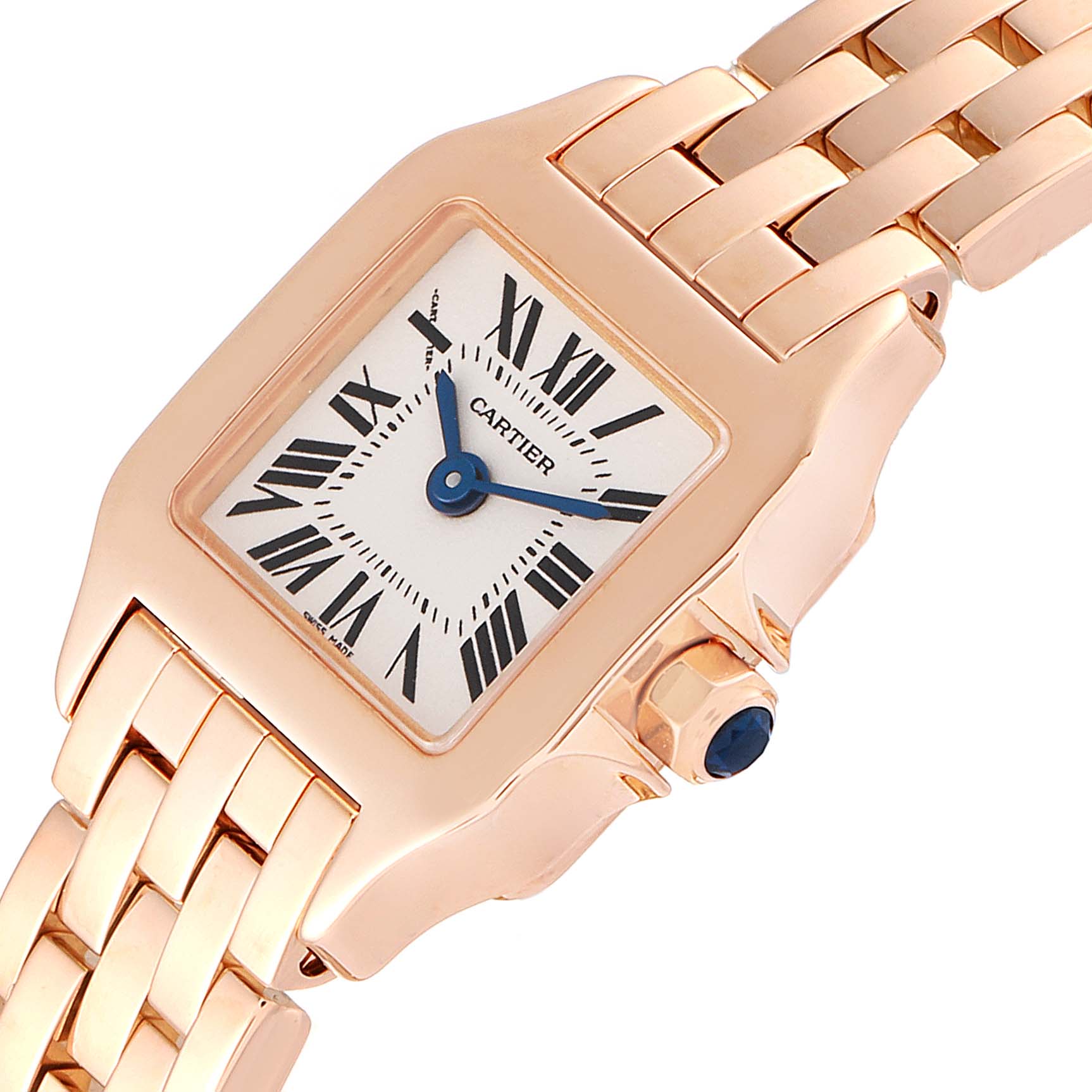 This image shows a close-up angle of the Cartier Santos Demoiselle W25077X9 Women
s Rose Gold Silver Dial W25077X9 Women
s Rose Gold Silver Dial watch, highlighting its face, bracelet, and crown.