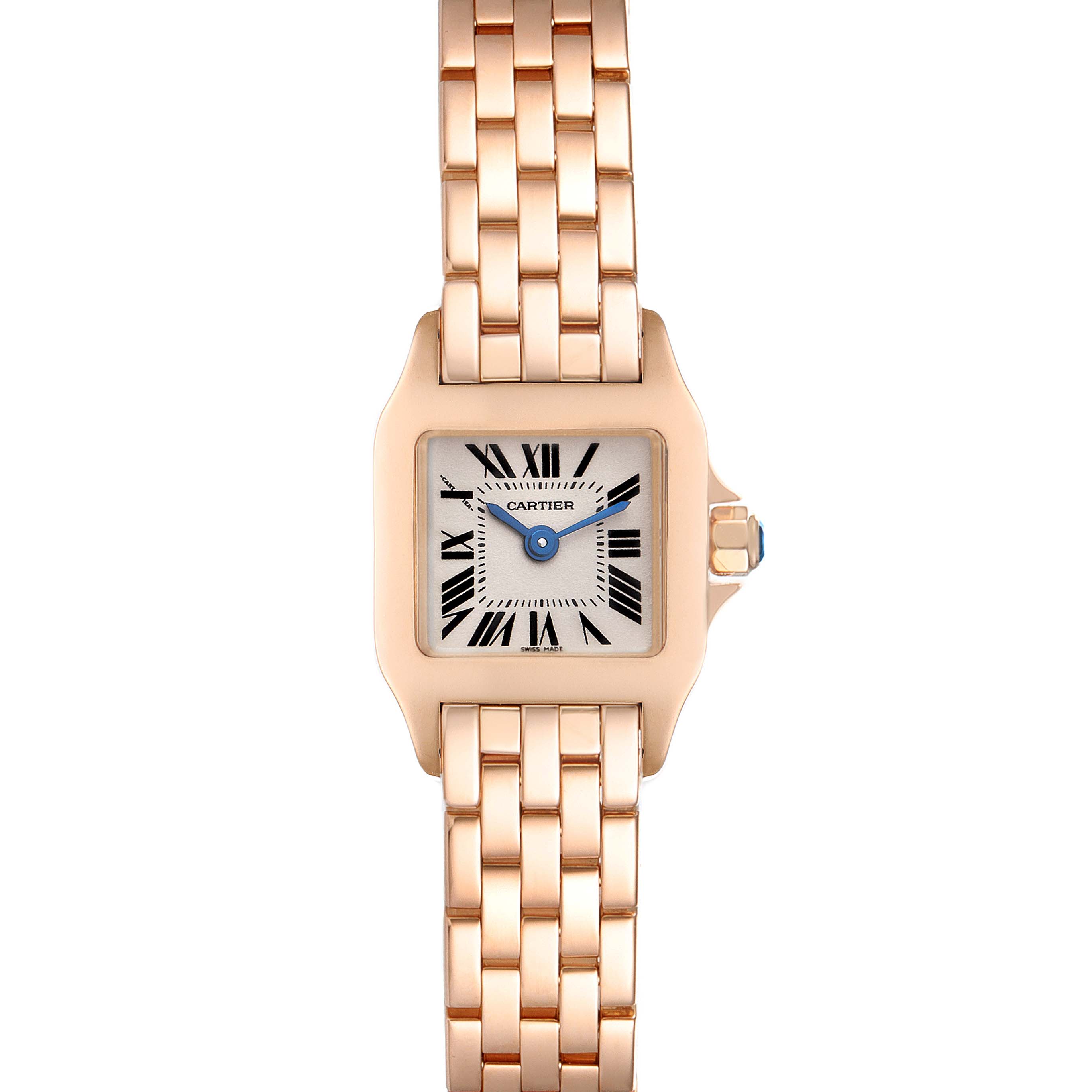 The image shows a front view of the Cartier Santos Demoiselle W25077X9 Women
s Rose Gold Silver Dial W25077X9 Women
s Rose Gold Silver Dial watch, highlighting its gold bracelet, square face, and blue hands.