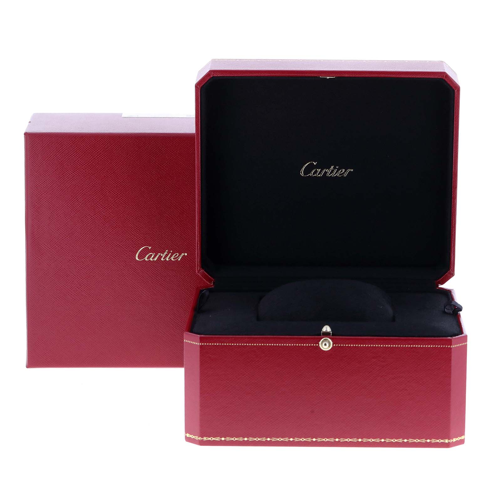 The image shows the open red and black packaging box for the Cartier Santos Demoiselle W25077X9 Women
s Rose Gold Silver Dial W25077X9 Women
s Rose Gold Silver Dial watch, with the logo visible.