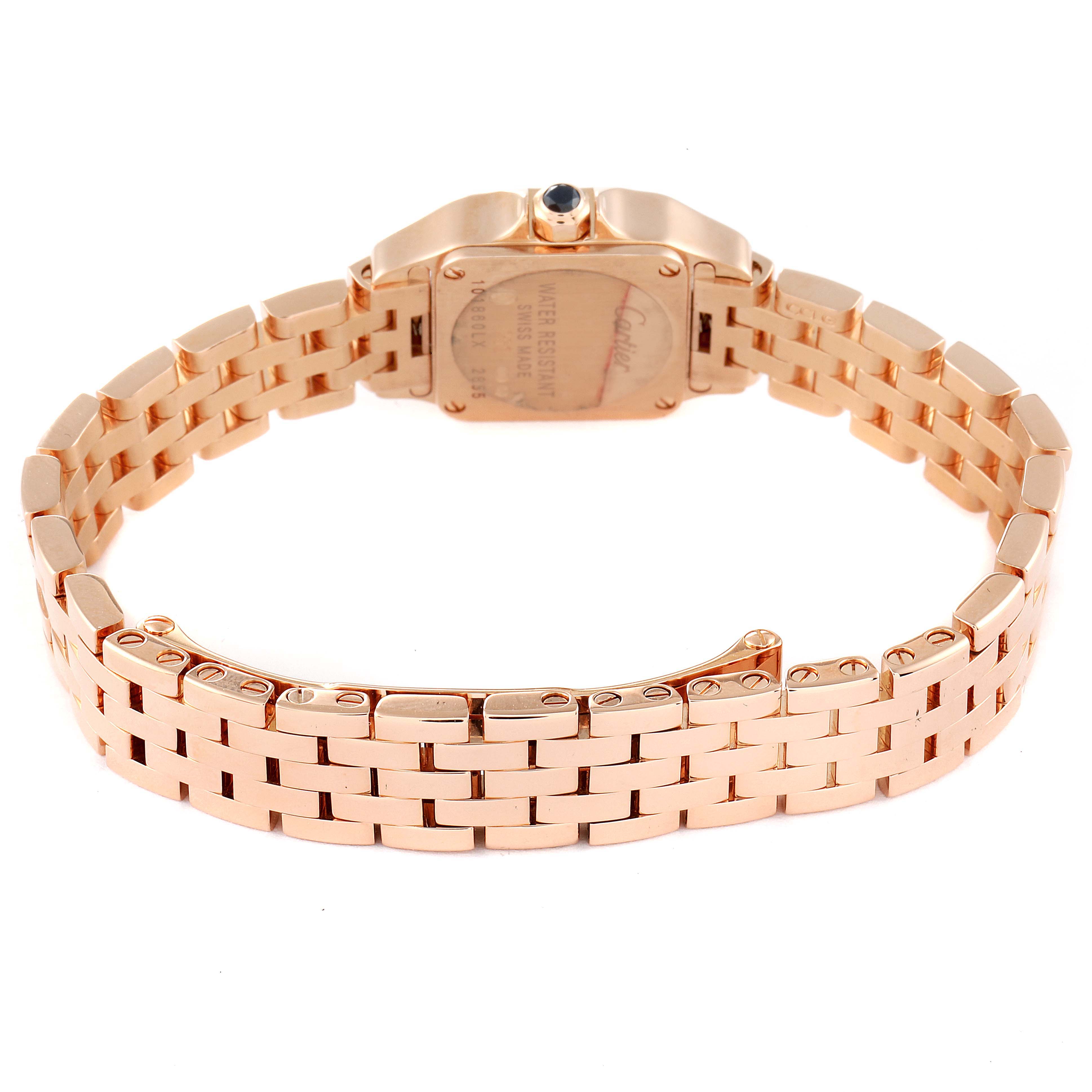 The image shows the Cartier Santos Demoiselle W25077X9 Women
s Rose Gold Silver Dial W25077X9 Women
s Rose Gold Silver Dial watch from a rear angle, highlighting its back case and metal bracelet.