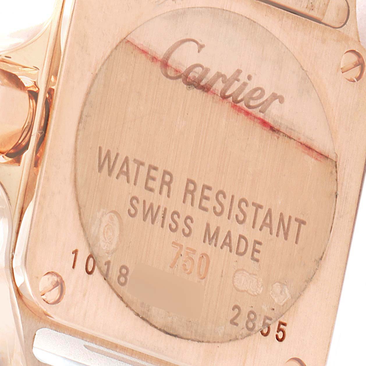 The image shows the back of the Santos Demoiselle model by Cartier, focusing on the water resistance and other engravings.