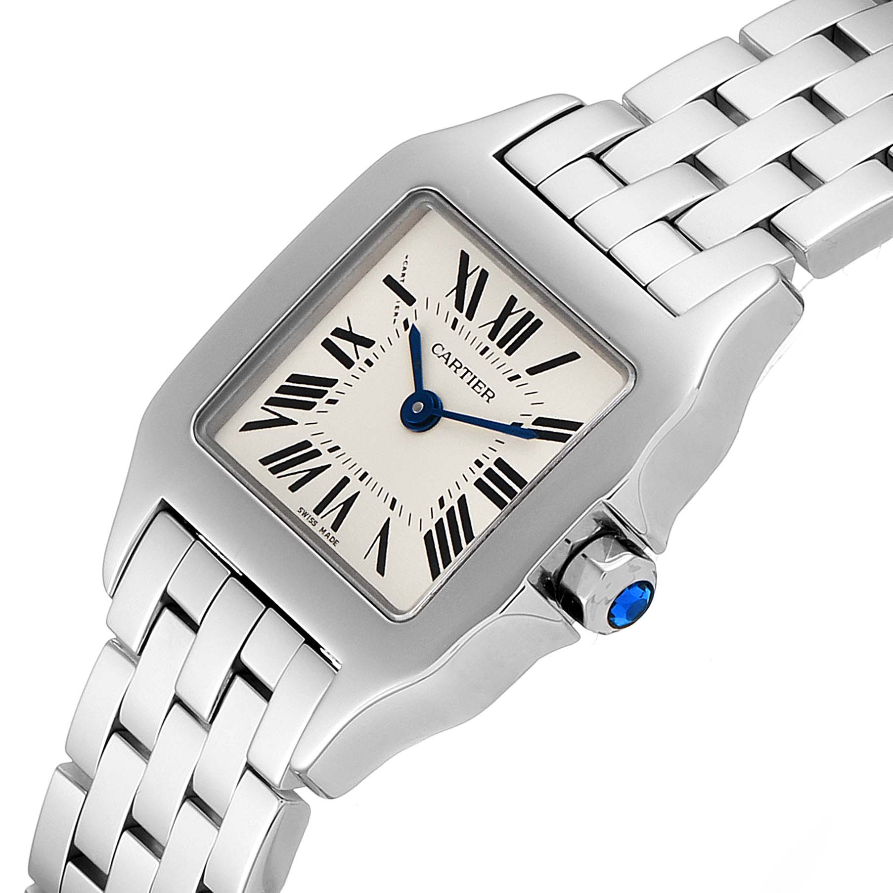 The image shows a close-up angle of the Cartier Santos Demoiselle W25064Z5 Women
s Stainless Steel Silver Dial W25064Z5 Women
s Stainless Steel Silver Dial watch, highlighting its face, bezel, crown, and part of the bracelet.