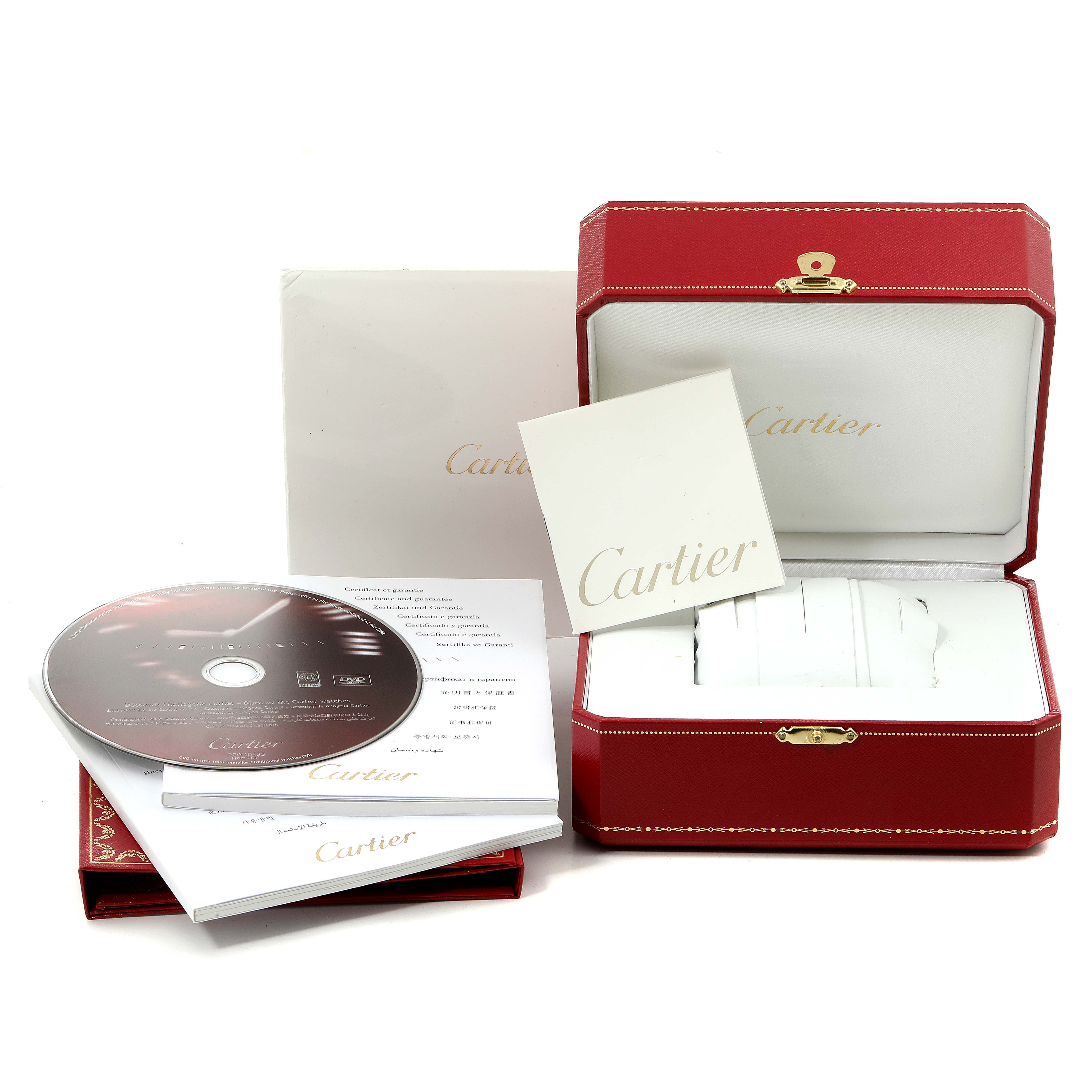 The image shows a Cartier Santos Demoiselle W25064Z5 Women
s Stainless Steel Silver Dial W25064Z5 Women
s Stainless Steel Silver Dial watch box, certificate, manuals, and a CD, presented from a front angle.