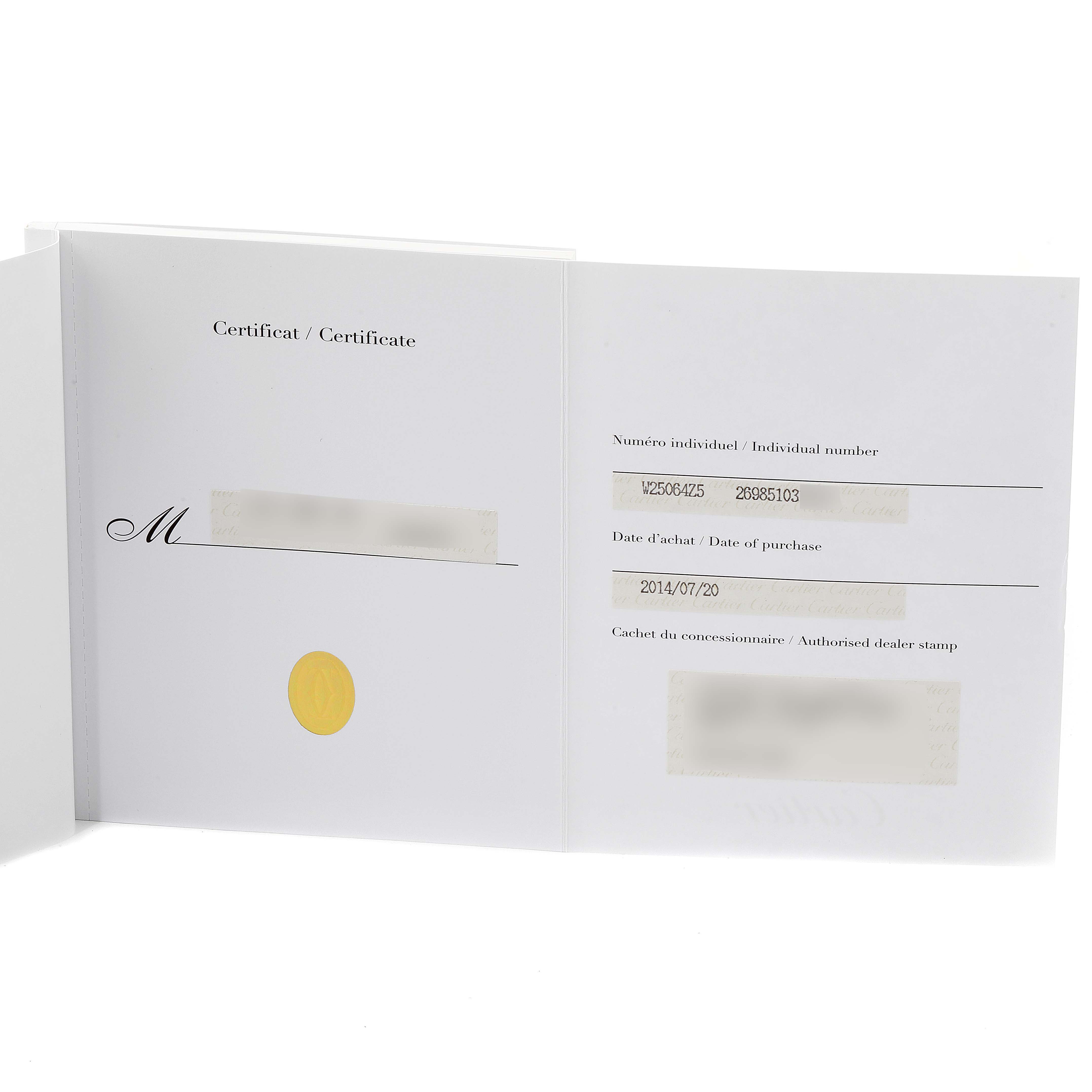 The image shows the certificate booklet for the Santos Demoiselle model by Cartier.