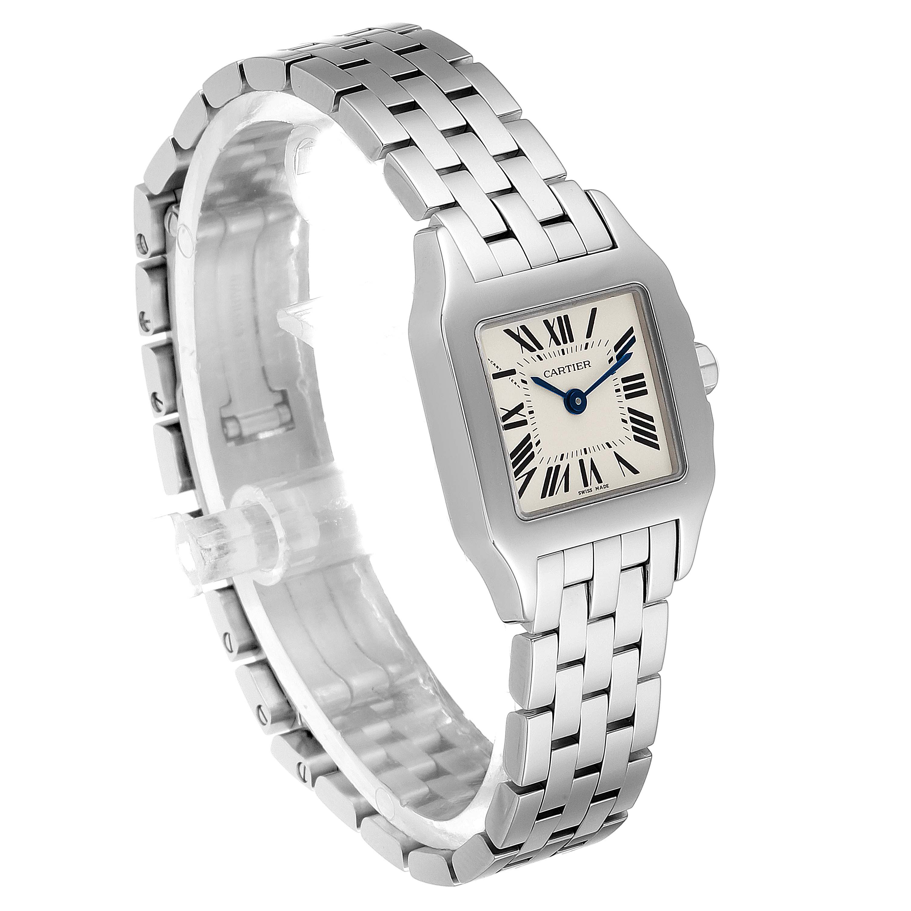 The image shows a front angle of a Cartier Santos Demoiselle W25064Z5 Women
s Stainless Steel Silver Dial W25064Z5 Women
s Stainless Steel Silver Dial watch, highlighting its square face and metal bracelet.
