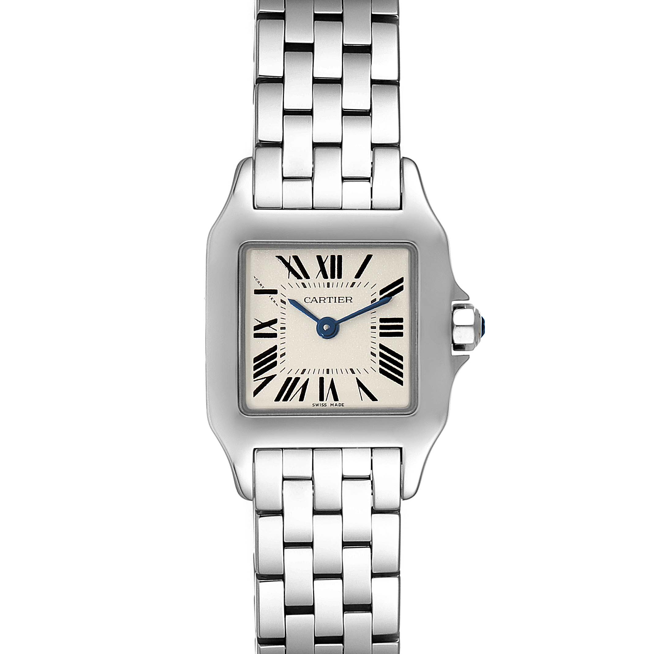 This image shows the Cartier Santos Demoiselle W25064Z5 Women
s Stainless Steel Silver Dial W25064Z5 Women
s Stainless Steel Silver Dial watch from a front view, displaying its face and metal strap.