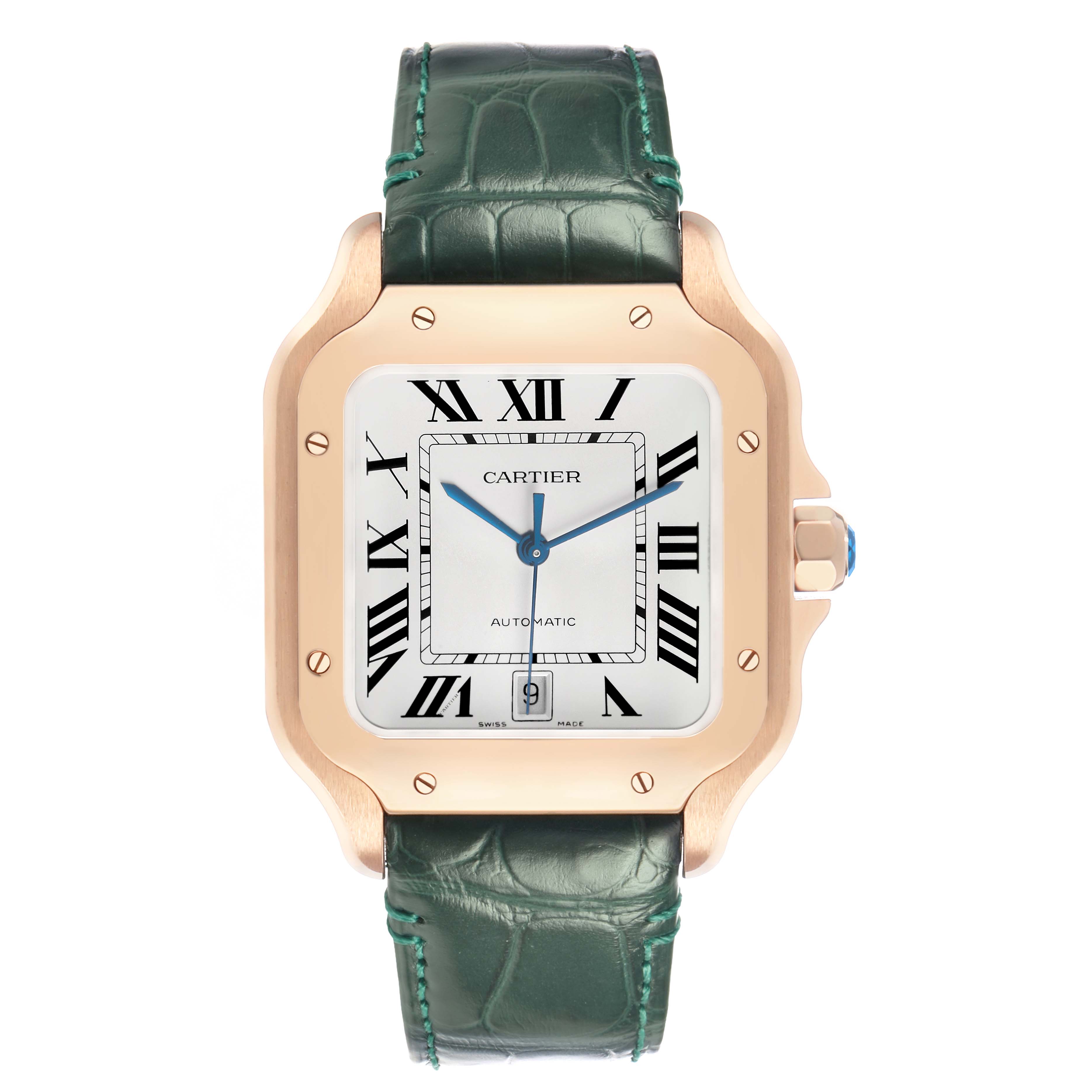 The Cartier Santos WGSA0011 Men's Rose Gold Silver Dial watch is shown from the front, displaying the face, Roman numerals, blue hands, bezel, and green strap.