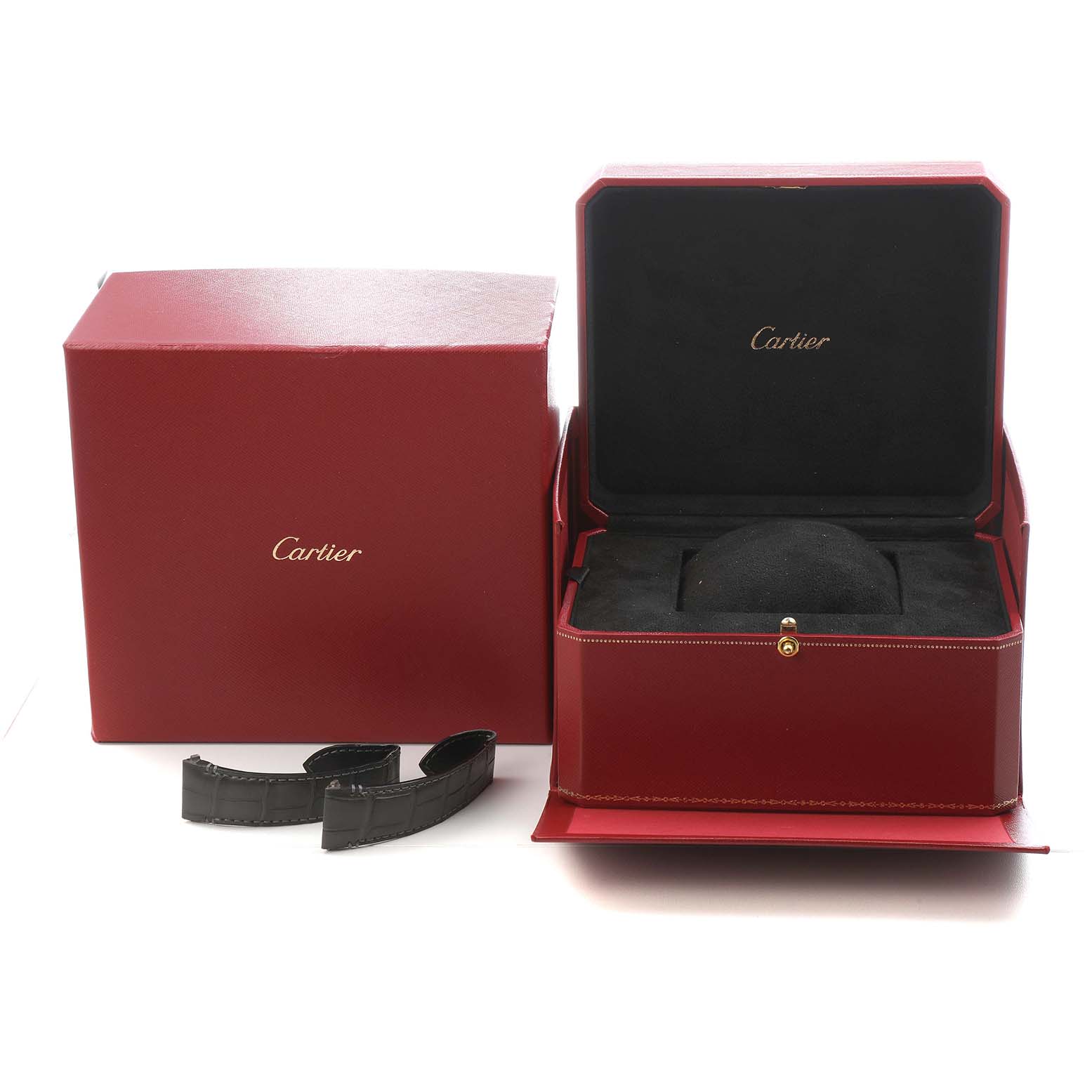 The image shows an open Cartier Santos WGSA0011 Men's Rose Gold Silver Dial watch box with additional watch straps, viewed from the front.