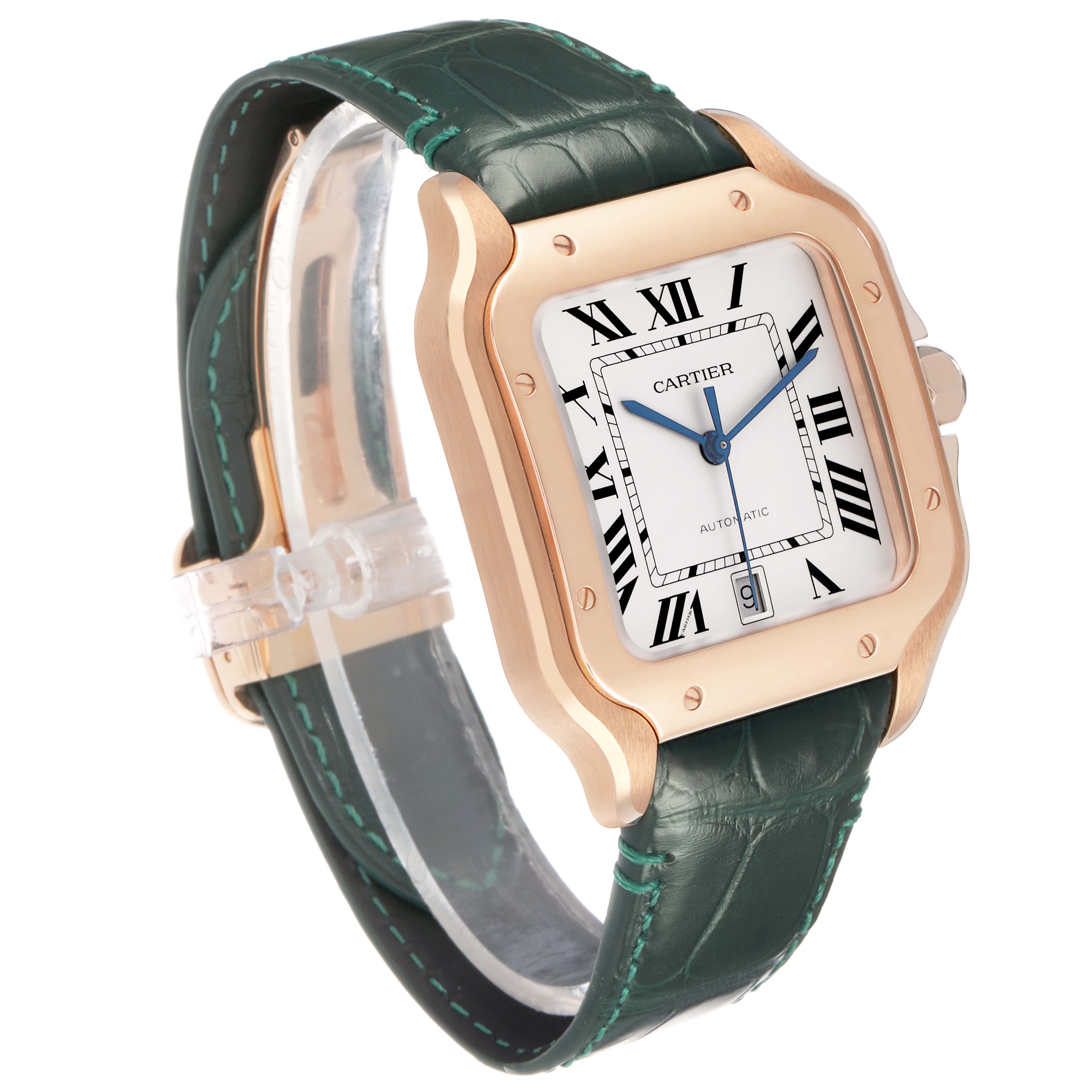 The Cartier Santos WGSA0011 Men's Rose Gold Silver Dial watch is shown at a three-quarter angle, highlighting its square face, roman numeral dial, and green leather strap.