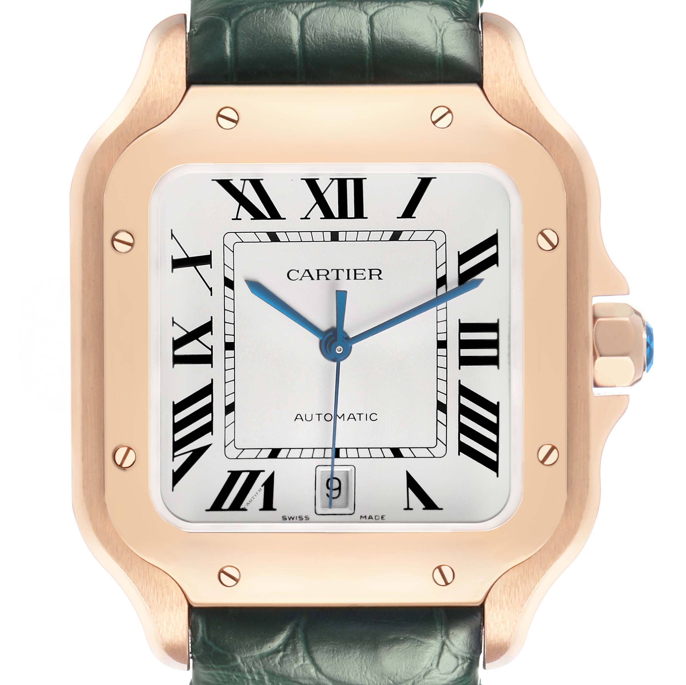 The Cartier Santos WGSA0011 Men's Rose Gold Silver Dial watch is shown from the front, highlighting its square face, Roman numerals, and crown detail.
