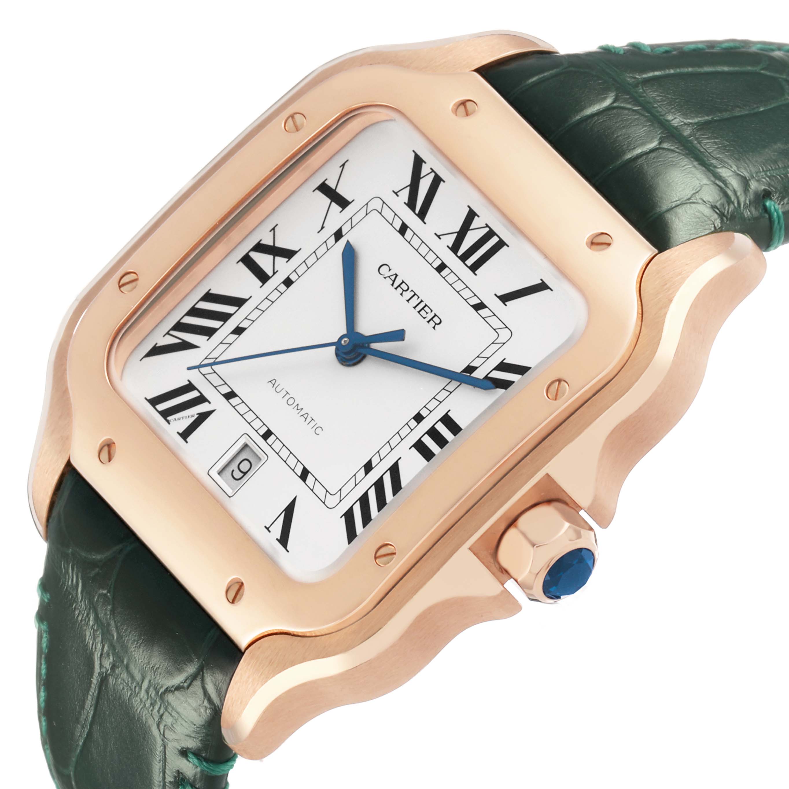 The Cartier Santos WGSA0011 Men's Rose Gold Silver Dial watch is shown from a front-angled view, highlighting its case, Roman numeral dial, and green leather strap.