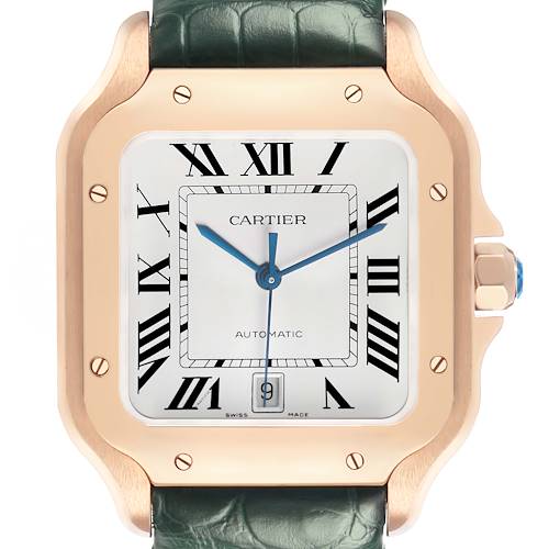 The image shows a frontal view of the Cartier Santos WGSA0011 Men's Rose Gold Silver Dial watch, highlighting its dial, case, and green strap.