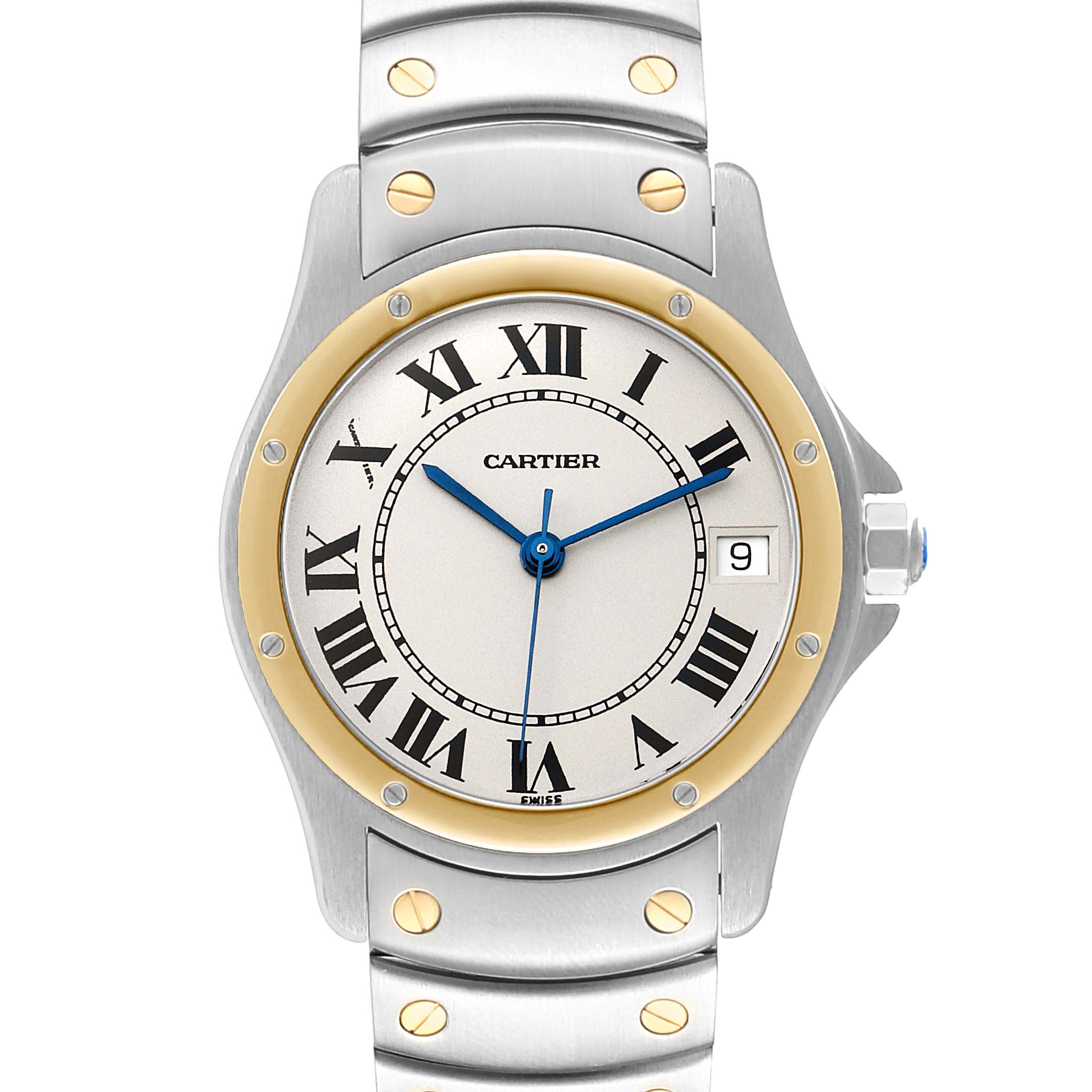 The image shows the front view of a Cartier Santos W20028G1 Men
s Steel and Gold (two tone) Silver Dial W20028G1 Men
s Steel and Gold (two tone) Silver Dial watch, highlighting its face, bezel, and part of the bracelet.