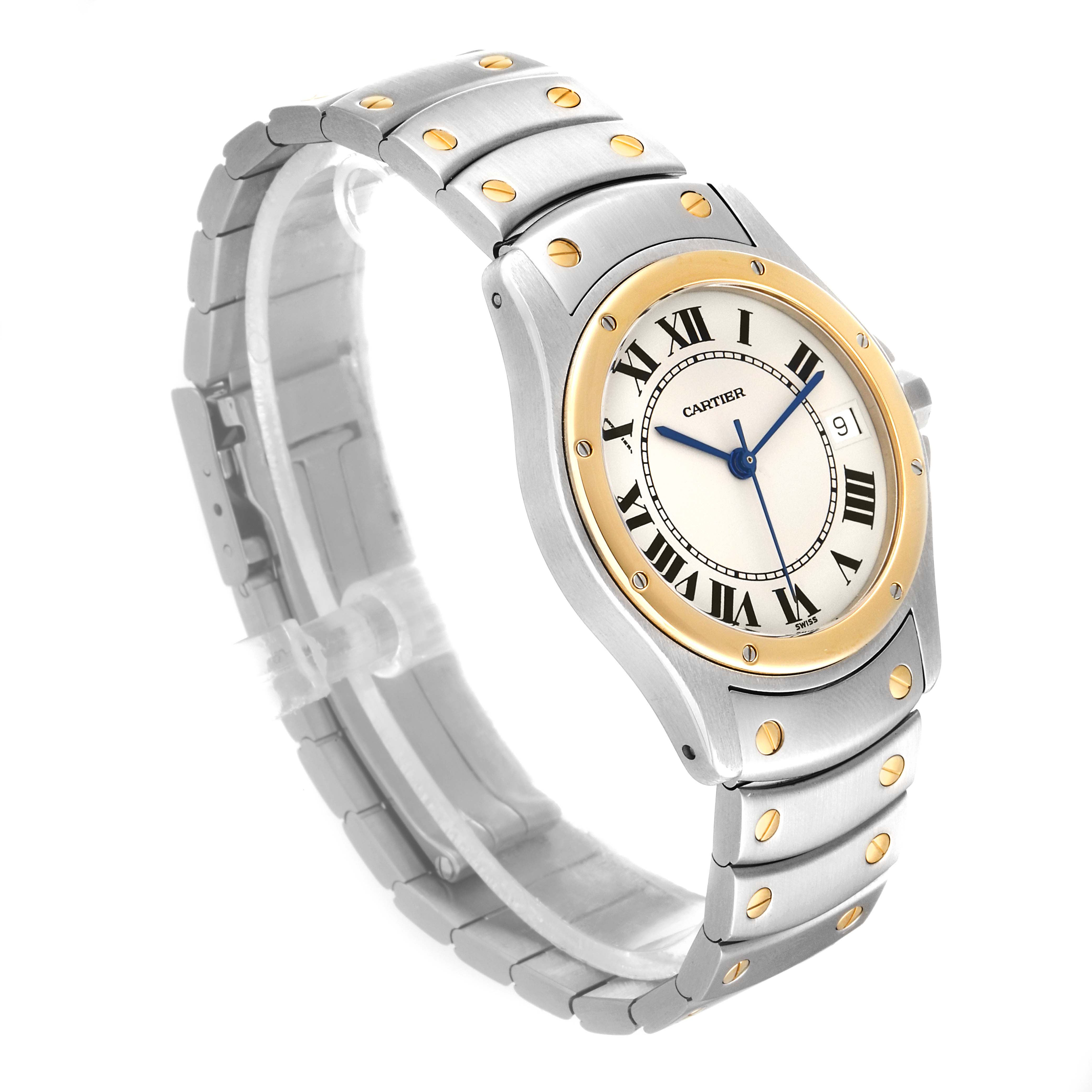 The Cartier Santos W20028G1 Men
s Steel and Gold (two tone) Silver Dial W20028G1 Men
s Steel and Gold (two tone) Silver Dial watch is shown at a side angle, highlighting the face, bezel, and bracelet.