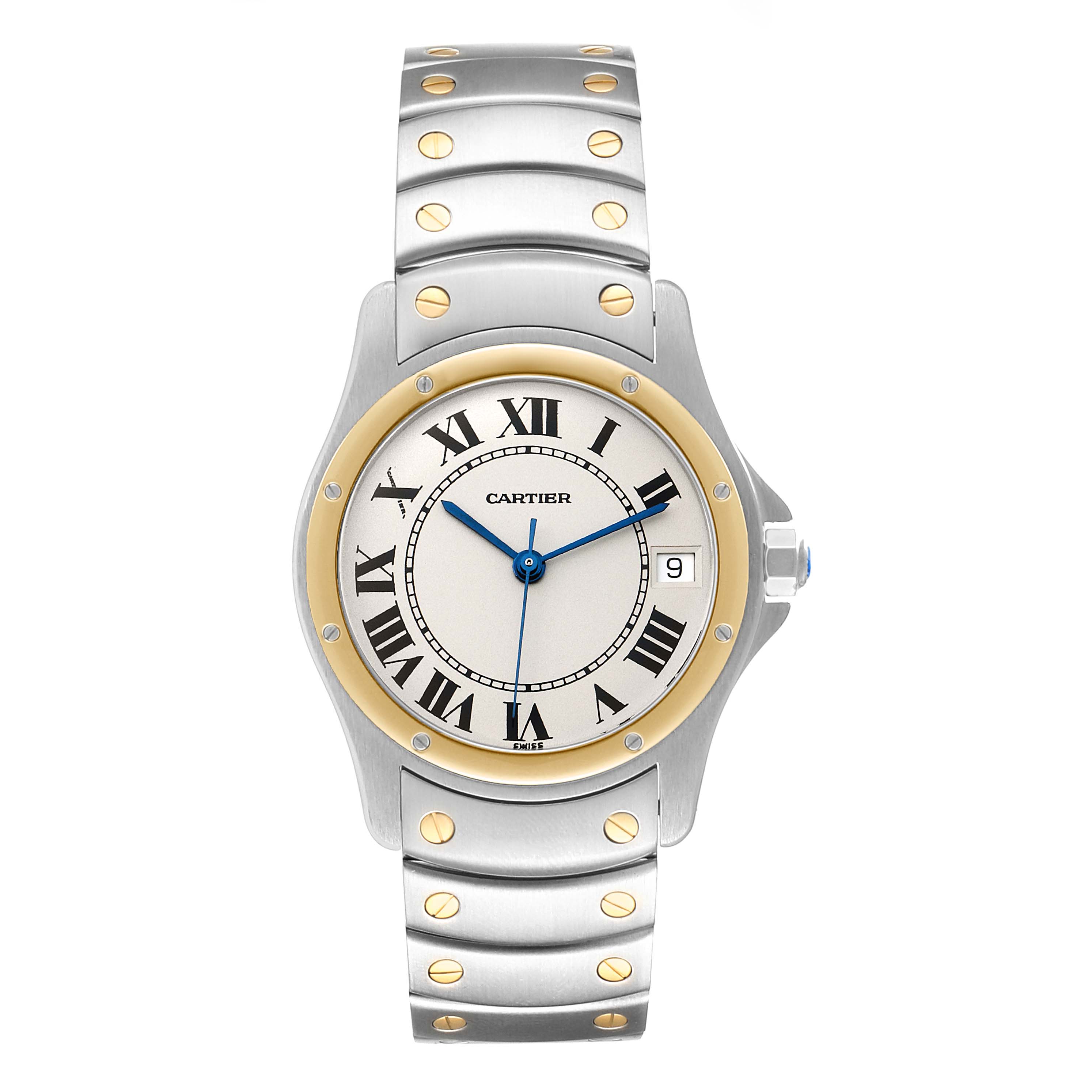 The image shows a Cartier Santos W20028G1 Men
s Steel and Gold (two tone) Silver Dial W20028G1 Men
s Steel and Gold (two tone) Silver Dial watch front view, highlighting the face, bezel, bracelet, and screws.