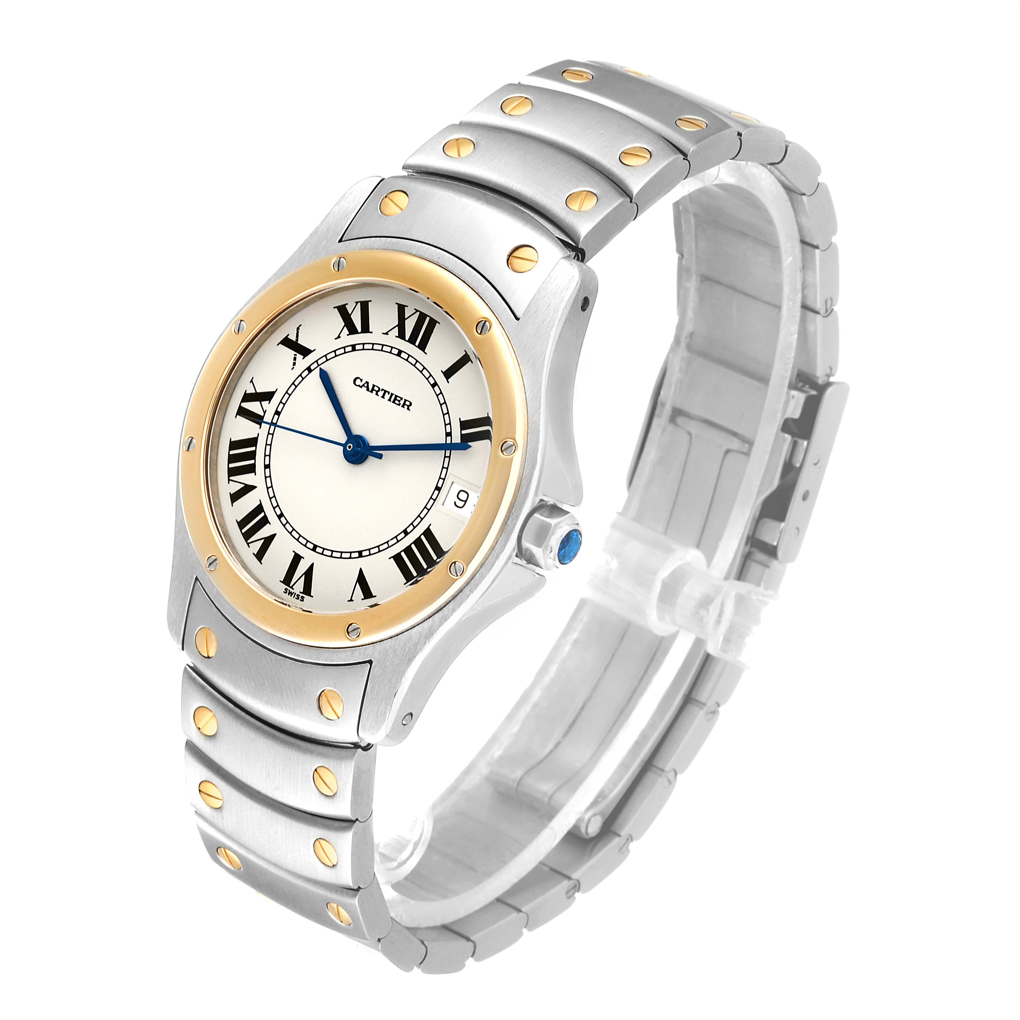 This image shows a Cartier Santos W20028G1 Men
s Steel and Gold (two tone) Silver Dial W20028G1 Men
s Steel and Gold (two tone) Silver Dial watch angled from the side, displaying the face, bezel, and bracelet with screw accents.