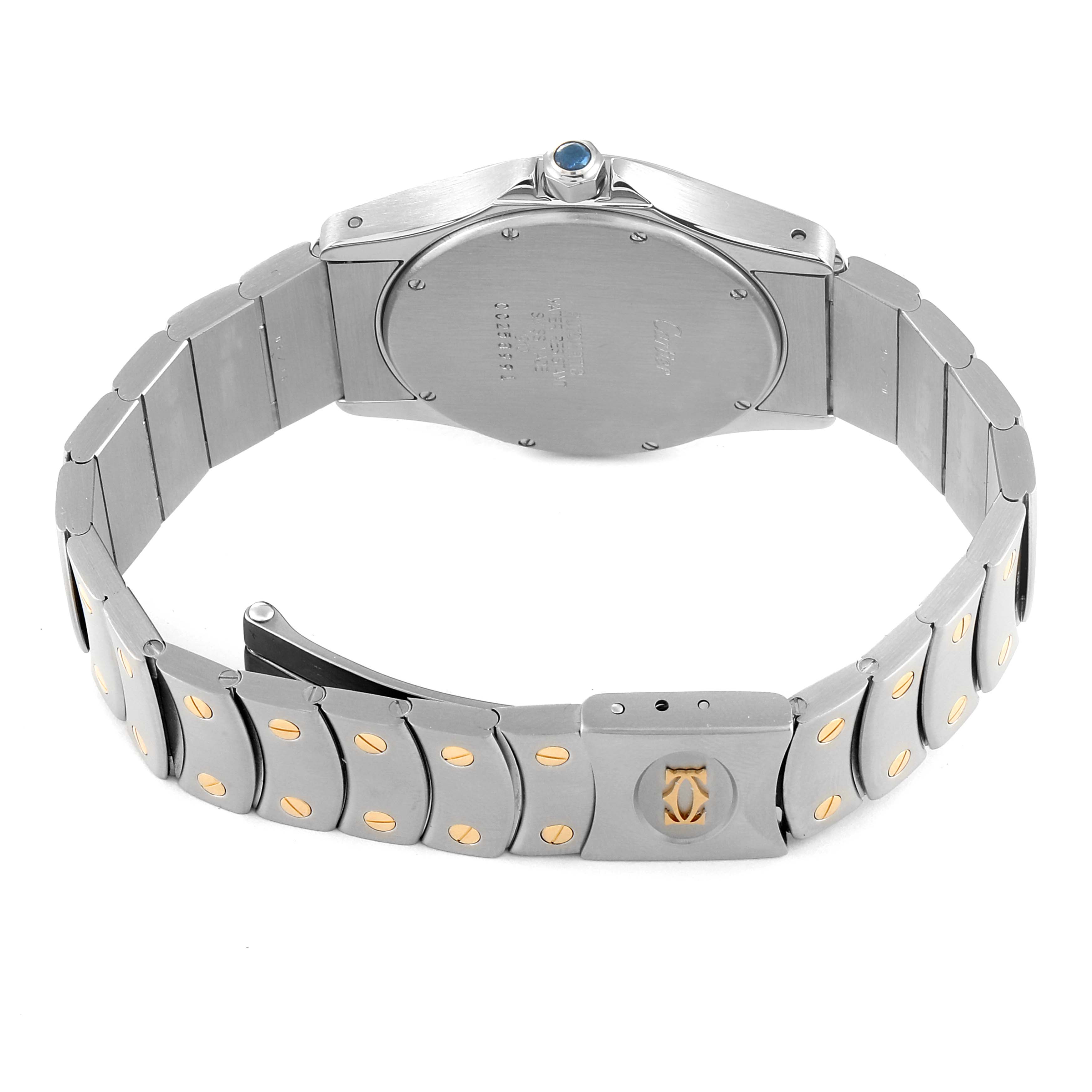 This image shows the back and bracelet of a Cartier Santos W20028G1 Men
s Steel and Gold (two tone) Silver Dial W20028G1 Men
s Steel and Gold (two tone) Silver Dial watch, including the case back, crown, and clasp.