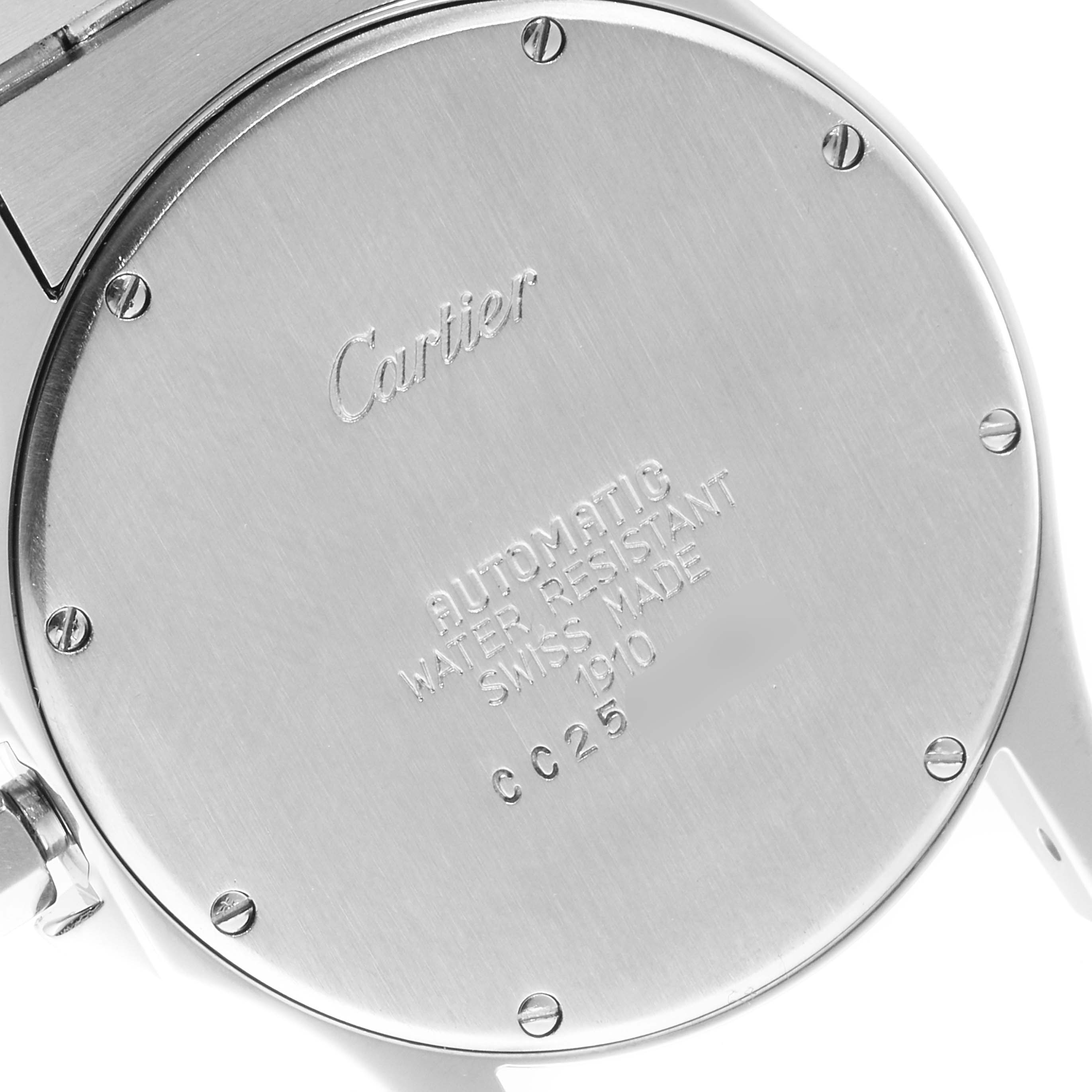 The image shows the case back of a Santos model by Cartier, highlighting the inscriptions and screws.