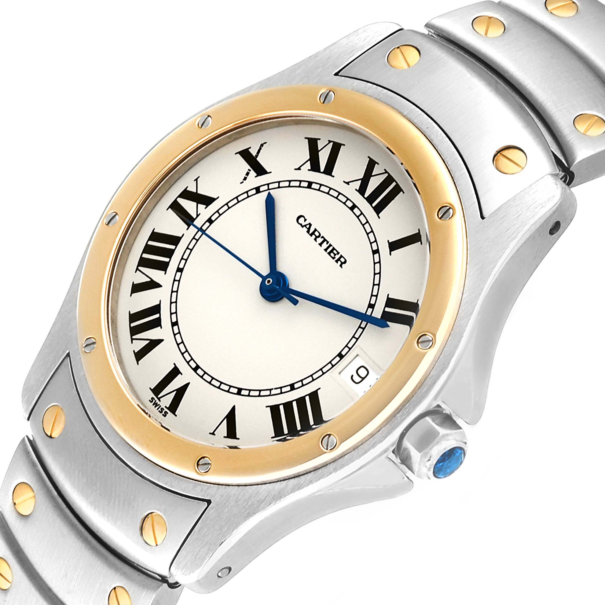 The image shows a close-up of a Cartier Santos W20028G1 Men
s Steel and Gold (two tone) Silver Dial W20028G1 Men
s Steel and Gold (two tone) Silver Dial watch, highlighting its round dial, Roman numerals, bezel, and part of its strap.