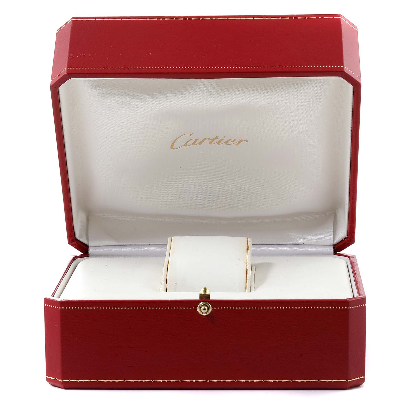 The image shows an open red Cartier box for the Santos model, displaying the watch pillow holder inside.