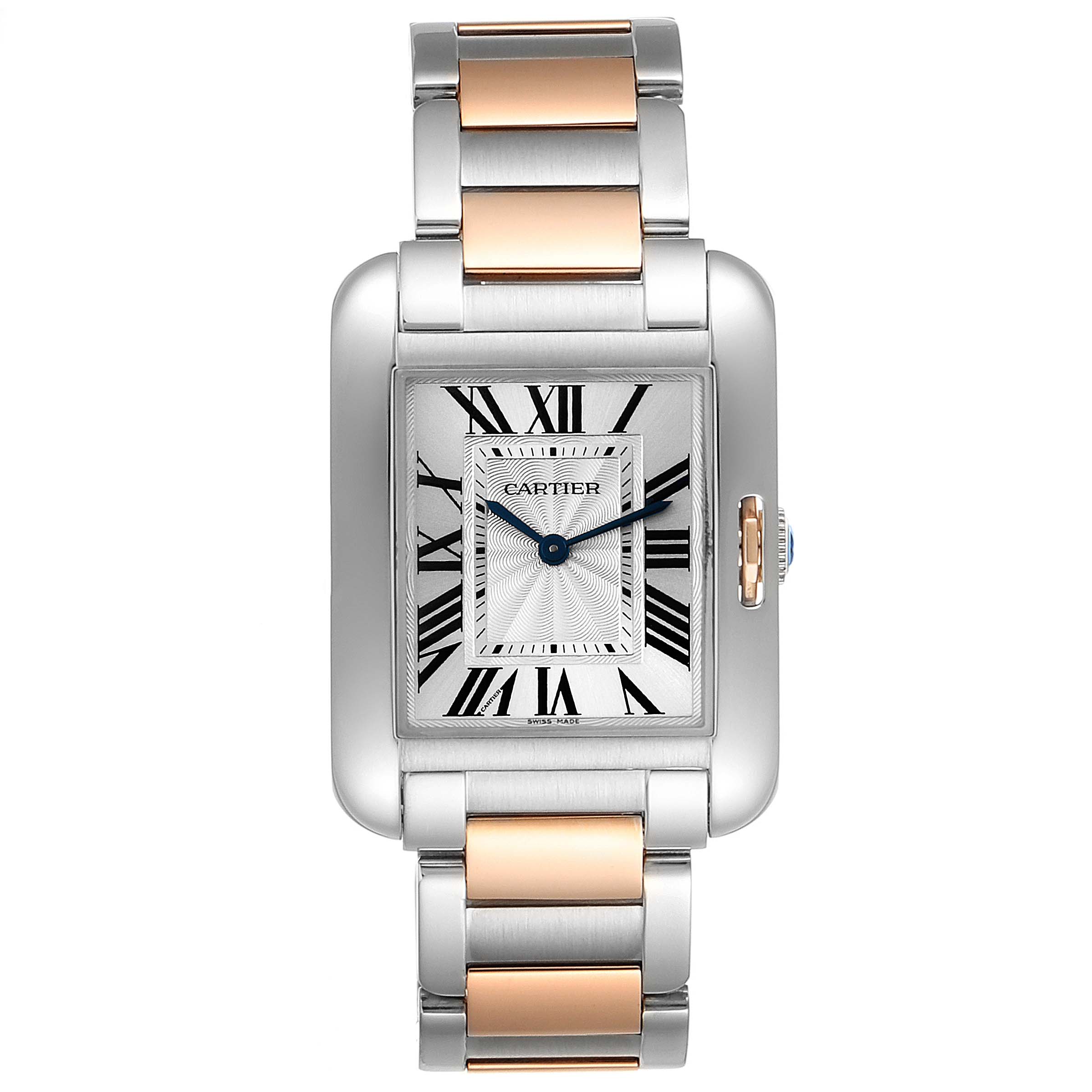 The image shows a front view of a Cartier Tank Anglaise W5310043 Women's Steel and Gold (two tone) Silver Dial W5310043 Women's Steel and Gold (two tone) Silver Dial watch, displaying its silver and rose gold bracelet and rectangular face with Roman numerals.