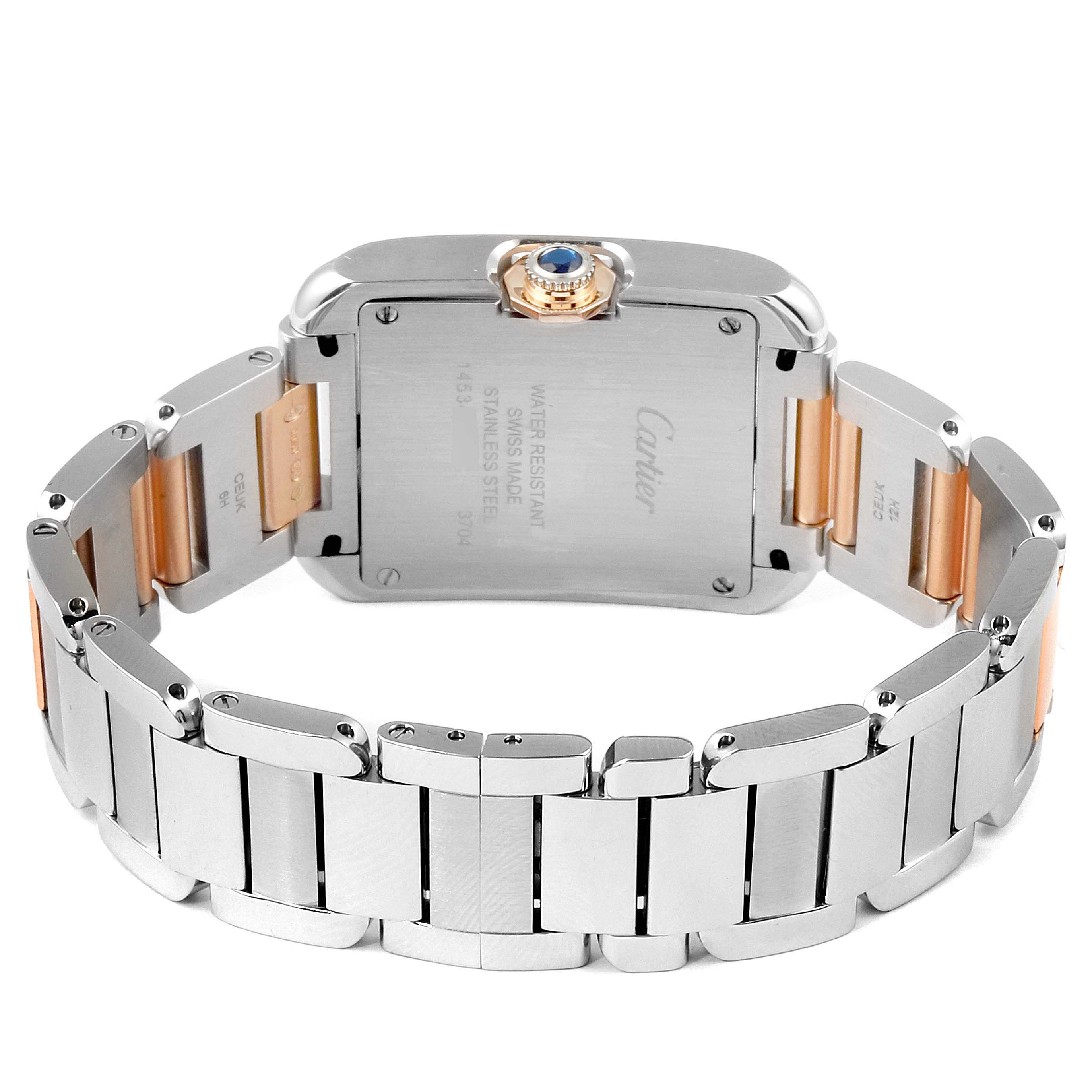 This image shows the back case and bracelet of a Cartier Tank Anglaise W5310043 Women's Steel and Gold (two tone) Silver Dial W5310043 Women's Steel and Gold (two tone) Silver Dial watch at a three-quarter rear angle.