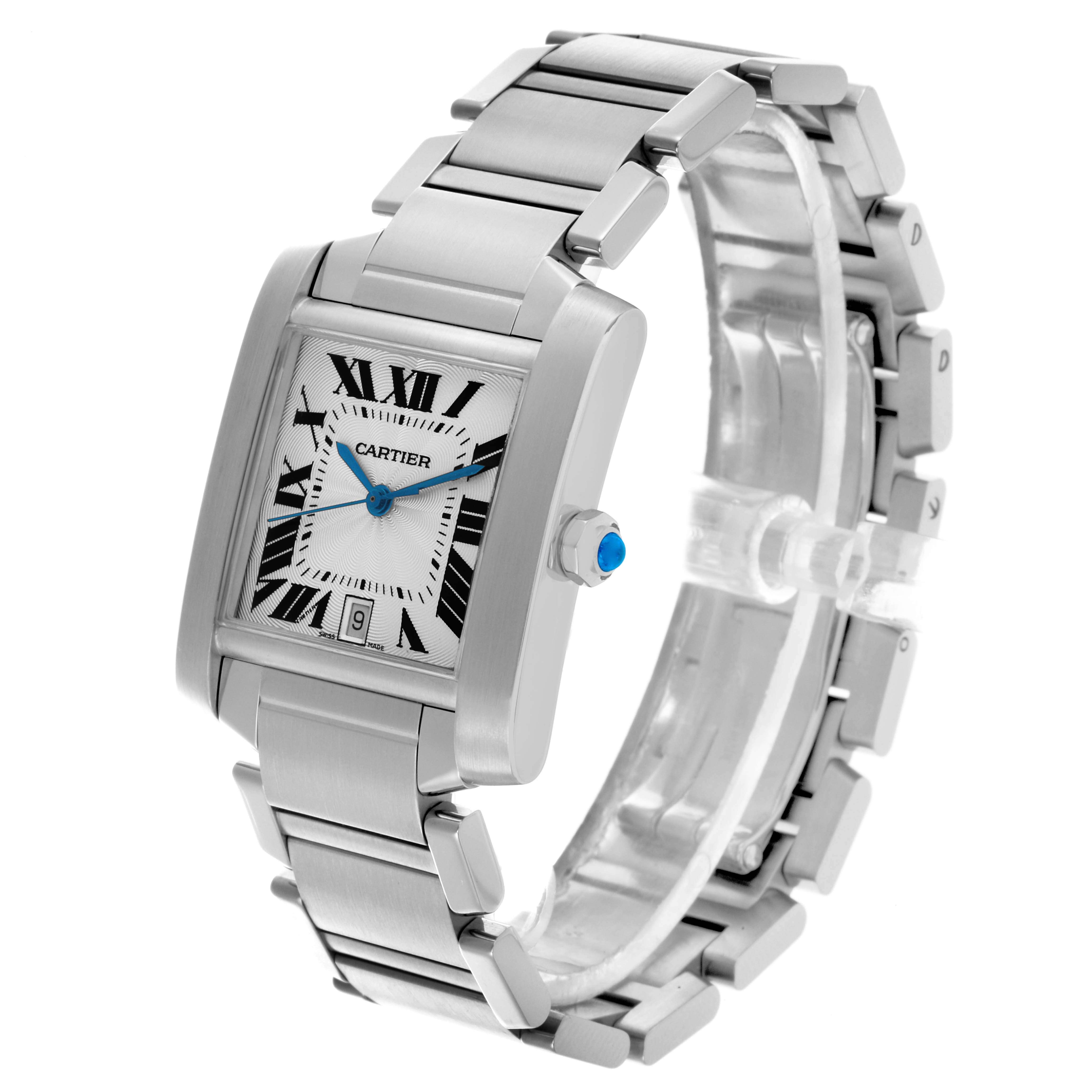 The Cartier Tank Française watch is shown at a three-quarter angle, highlighting the case, bracelet, and crown with a blue cabochon.