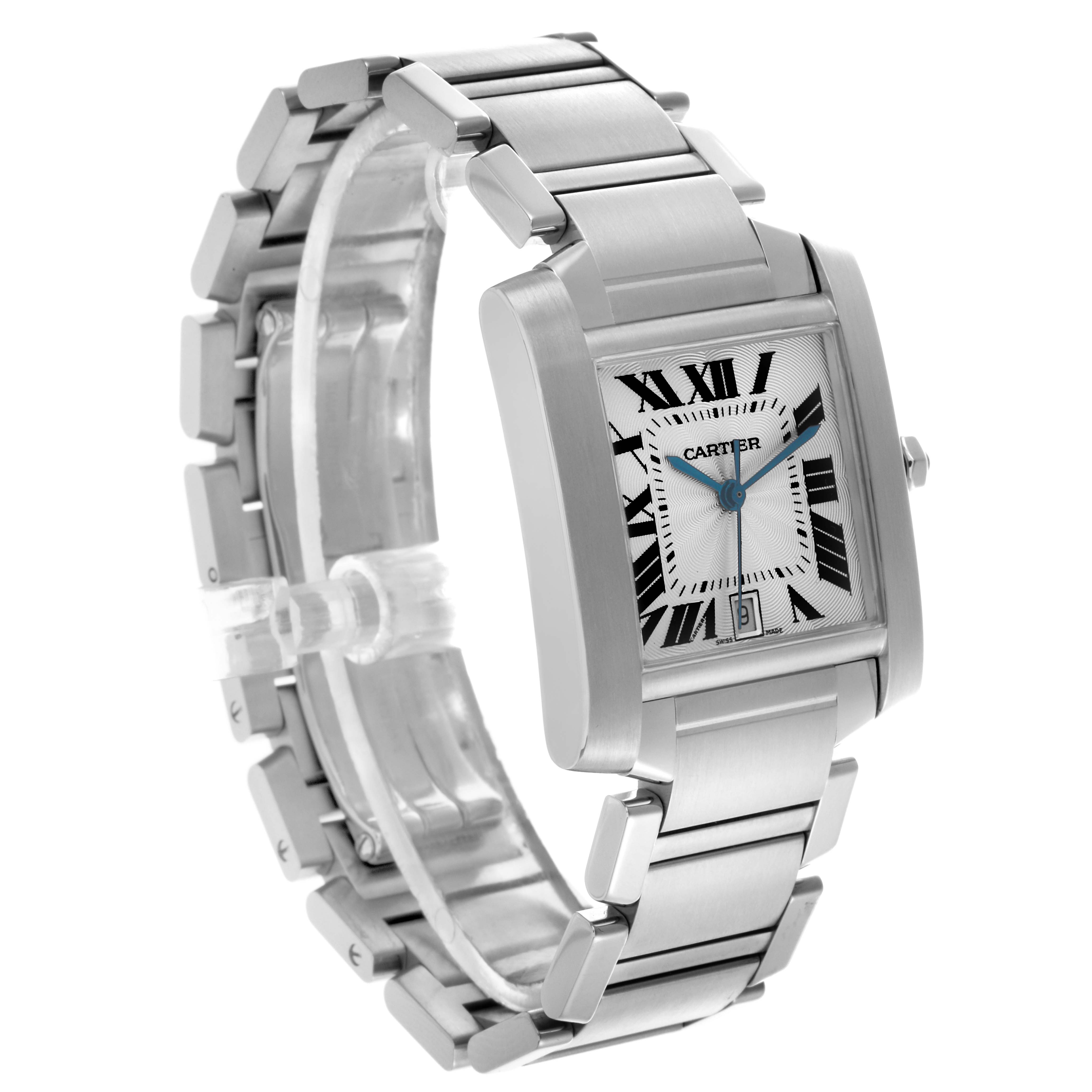 The Cartier Tank Francaise W51002Q3 Men
s Stainless Steel Silver Dial W51002Q3 Men
s Stainless Steel Silver Dial watch is shown at an angle displaying the face, bezel, and part of the metal bracelet.