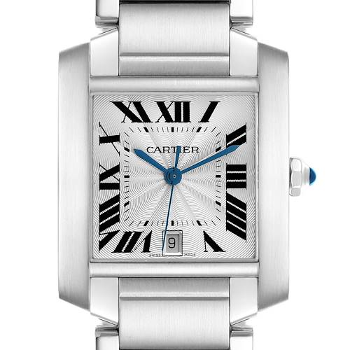 The Cartier Tank Française watch is shown from a front angle, displaying its face, Roman numerals, and steel bracelet.